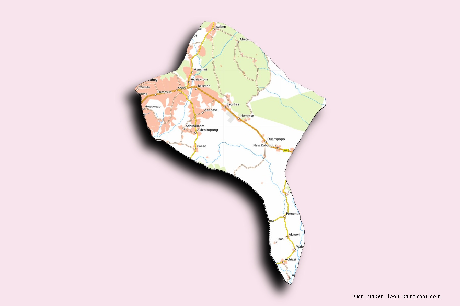 Ejisu-Juabeng neighborhoods and villages map with 3D shadow effect