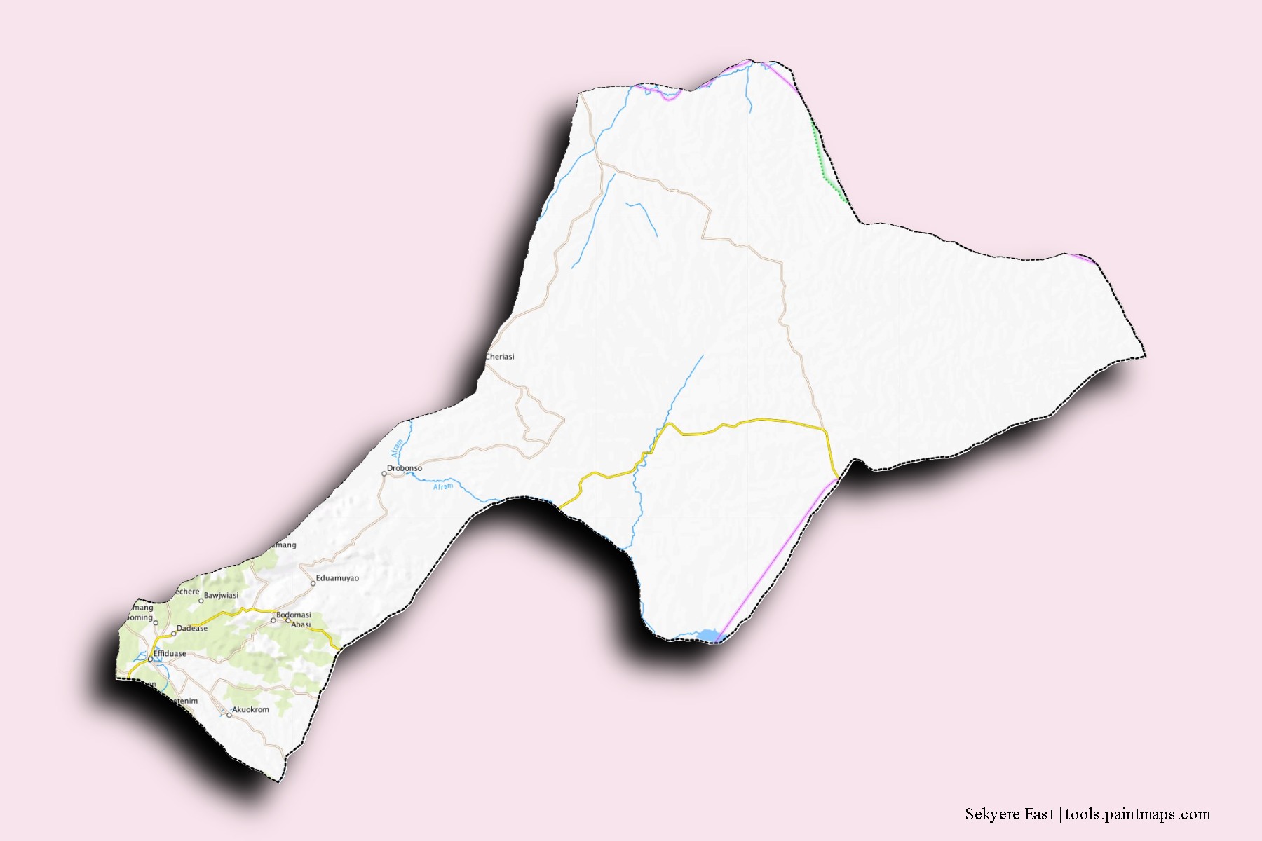 Mapa de barrios y pueblos de Sekyere East con efecto de sombra 3D