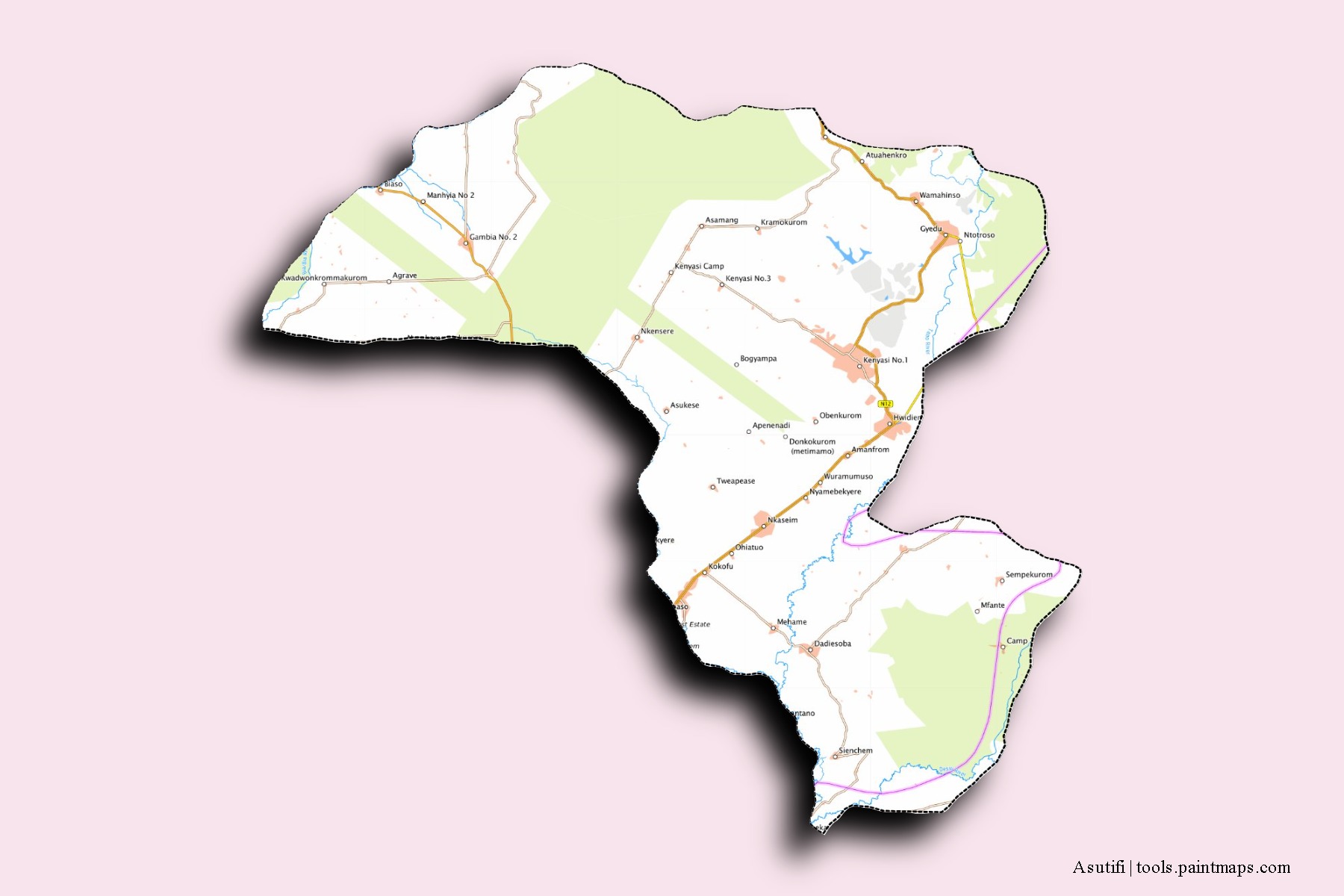 Mapa de barrios y pueblos de Asutifi con efecto de sombra 3D