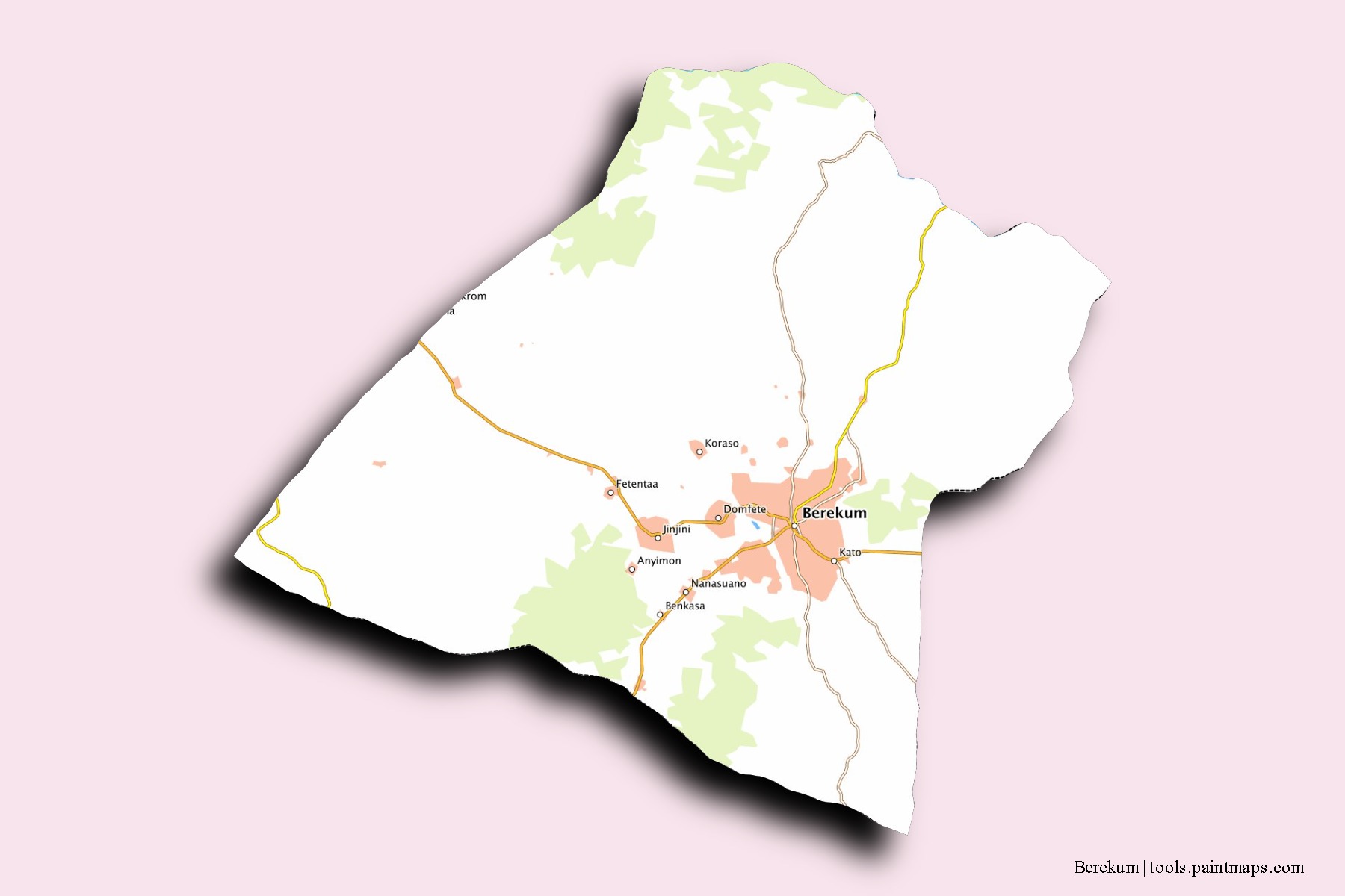 Mapa de barrios y pueblos de Berekum con efecto de sombra 3D