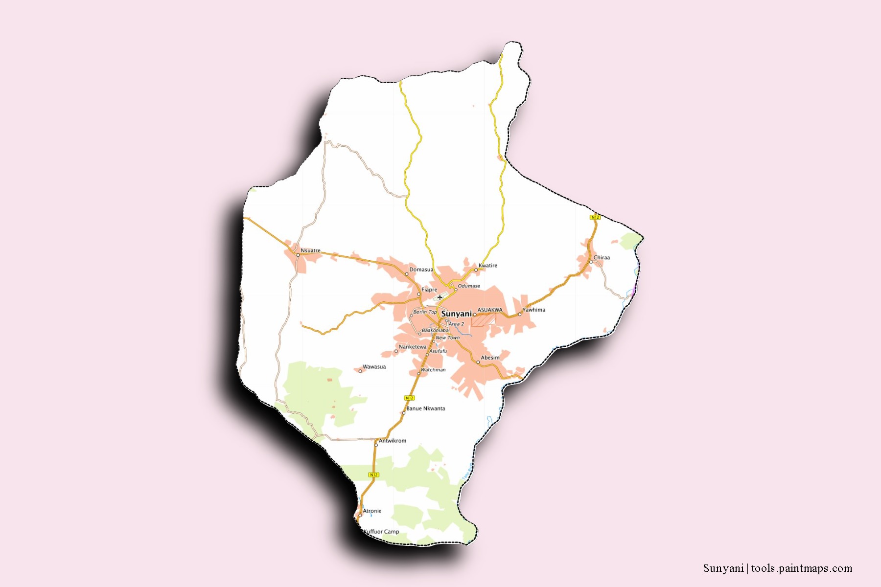 Mapa de barrios y pueblos de Sunyani con efecto de sombra 3D