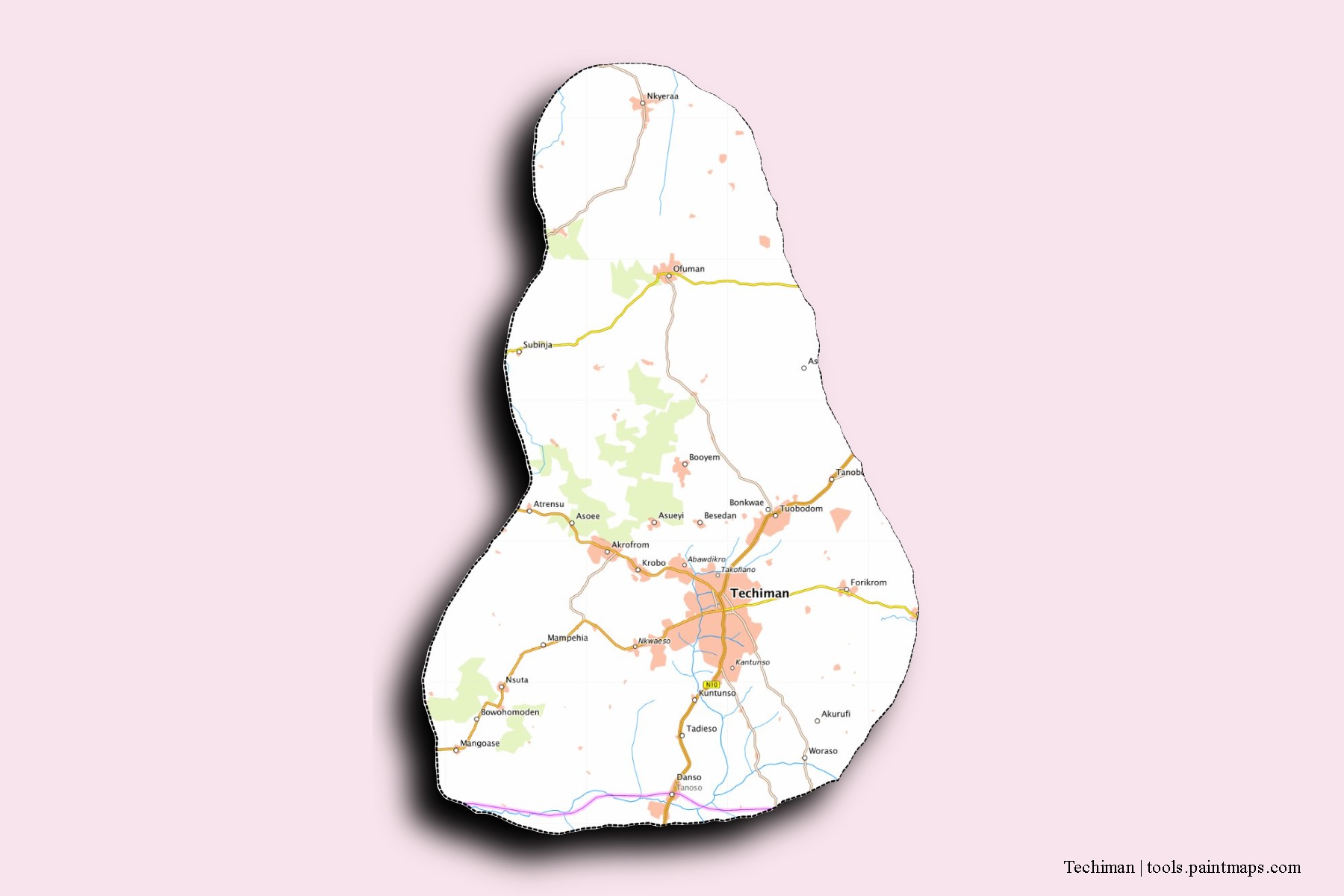 Techiman neighborhoods and villages map with 3D shadow effect