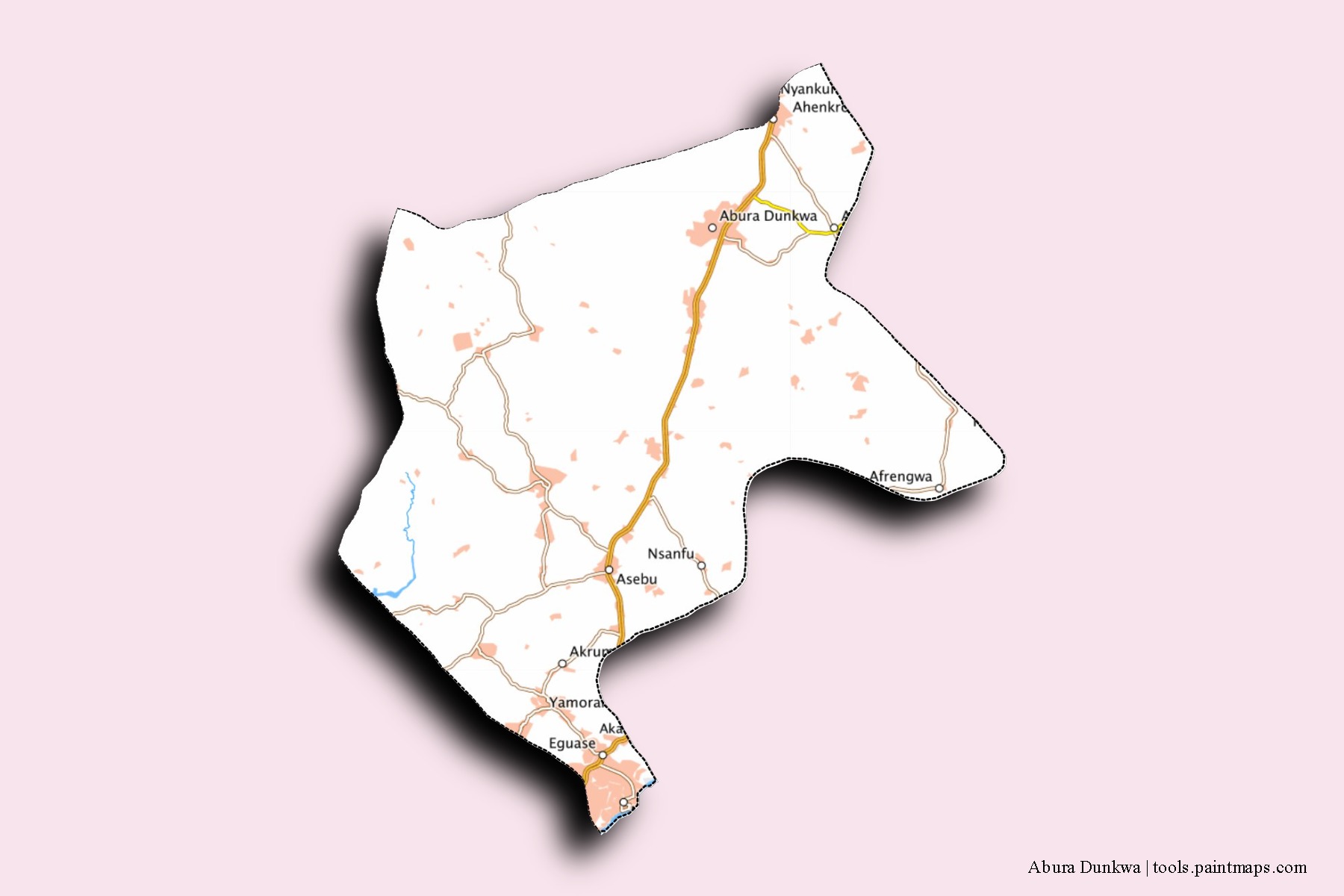 Mapa de barrios y pueblos de Abura Dunkwa con efecto de sombra 3D