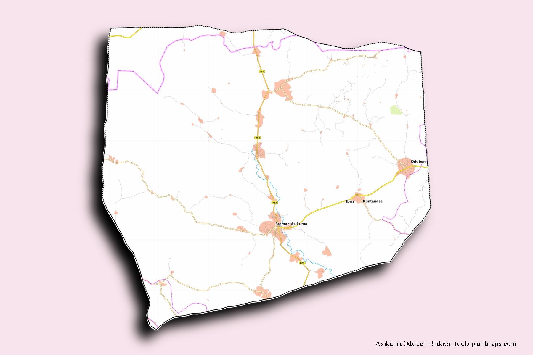 Asikuma Odoben Brakwa neighborhoods and villages map with 3D shadow effect