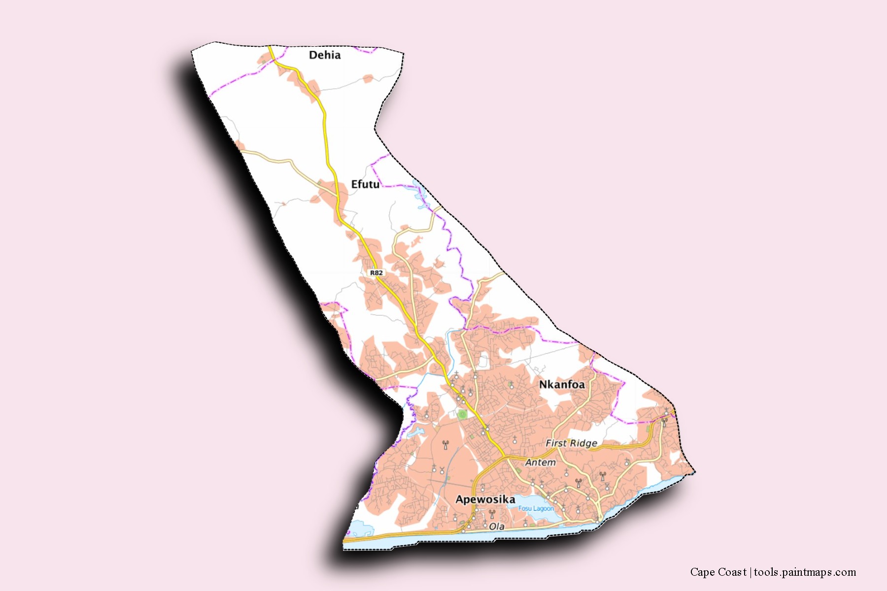 Mapa de barrios y pueblos de Cape Coast con efecto de sombra 3D