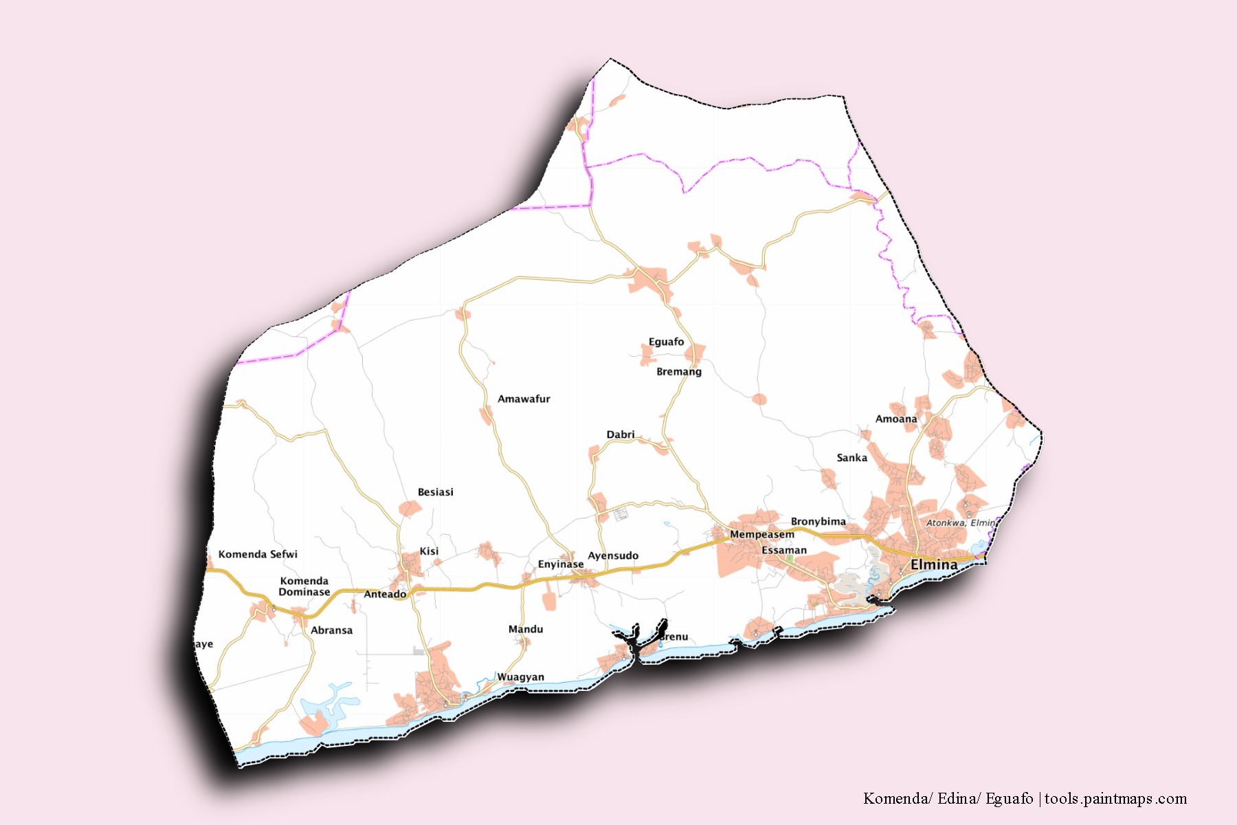 Komenda-Edina-Eguafo-Abirem neighborhoods and villages map with 3D shadow effect