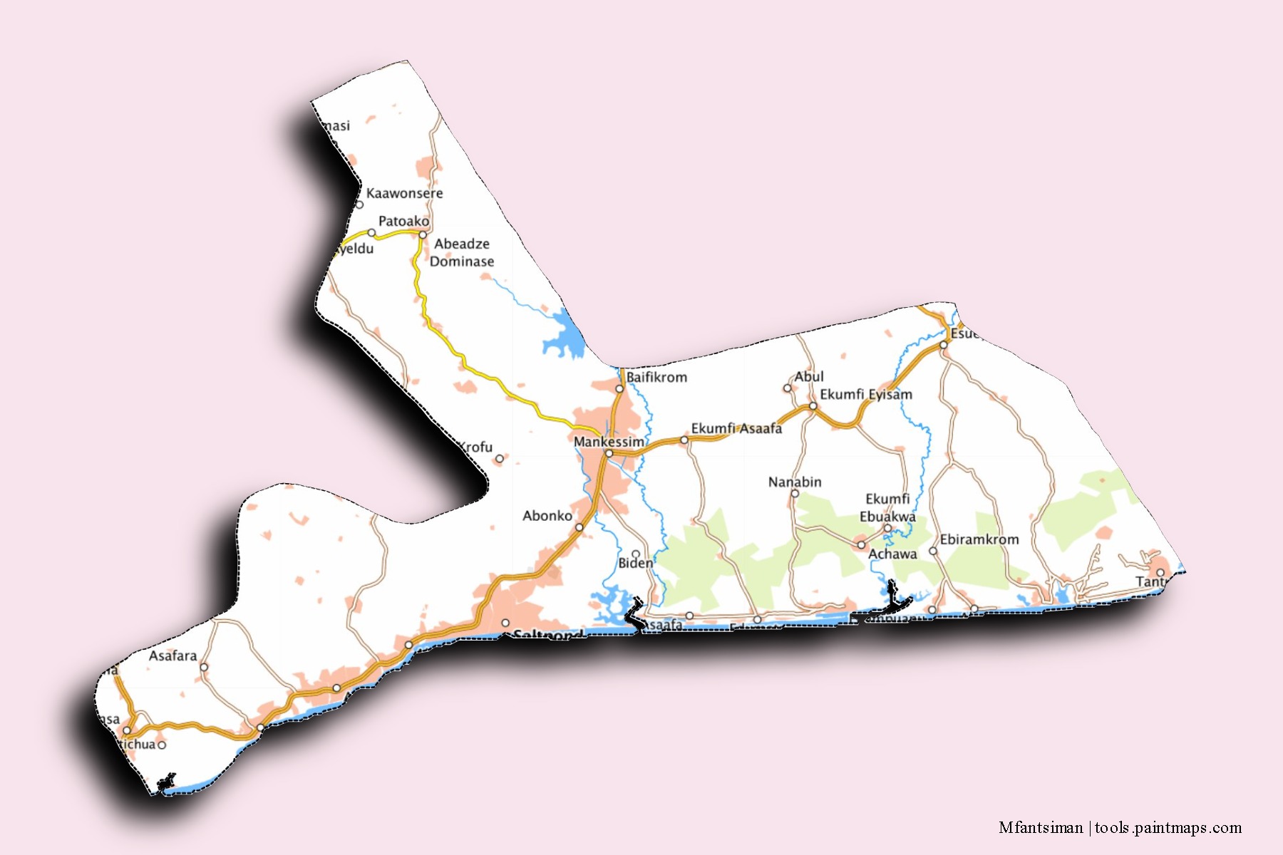 Mapa de barrios y pueblos de Mfantsiman con efecto de sombra 3D