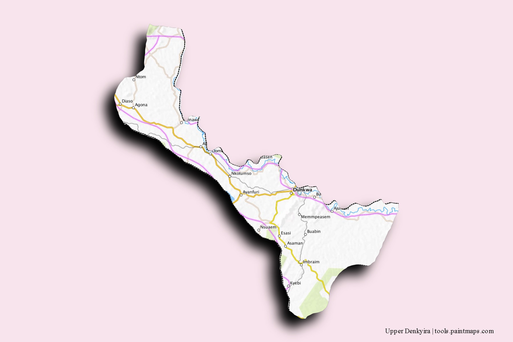 Mapa de barrios y pueblos de Upper Denkyira con efecto de sombra 3D