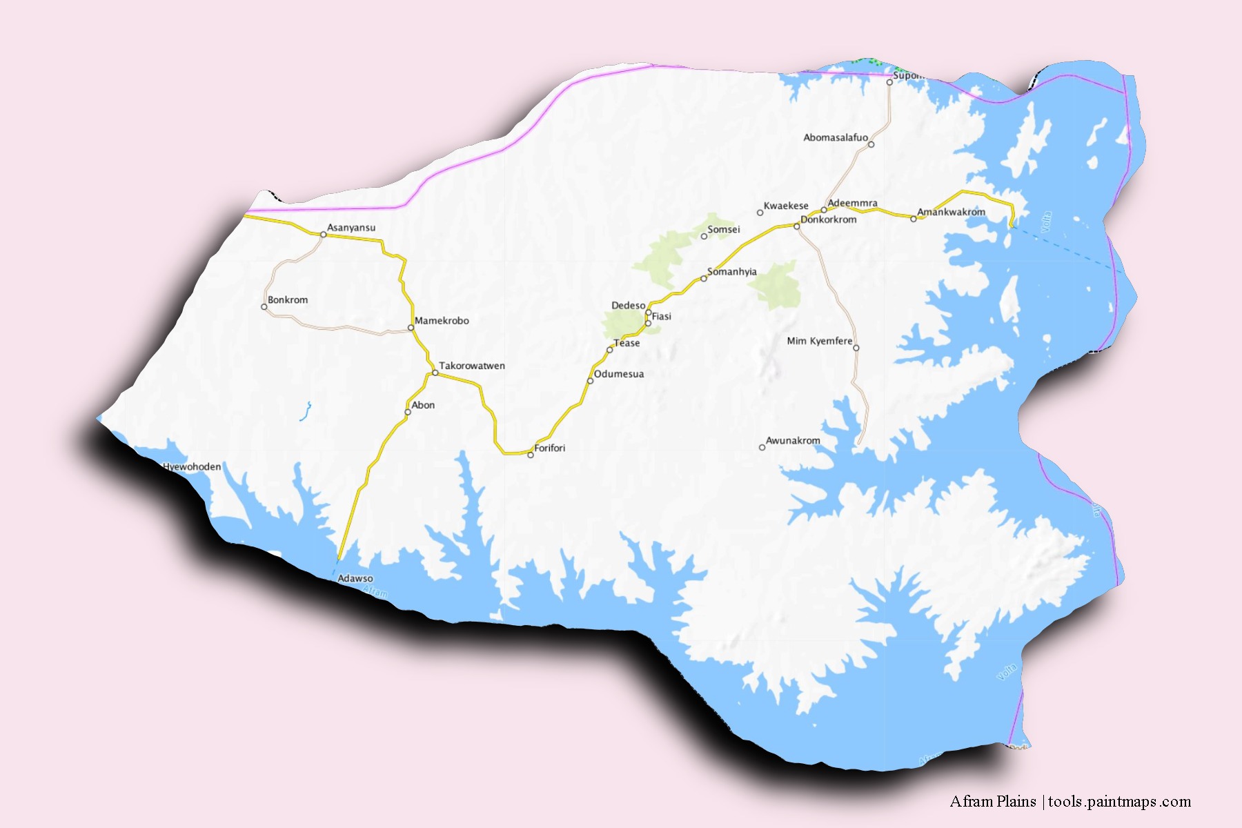 Mapa de barrios y pueblos de Afram Plains con efecto de sombra 3D