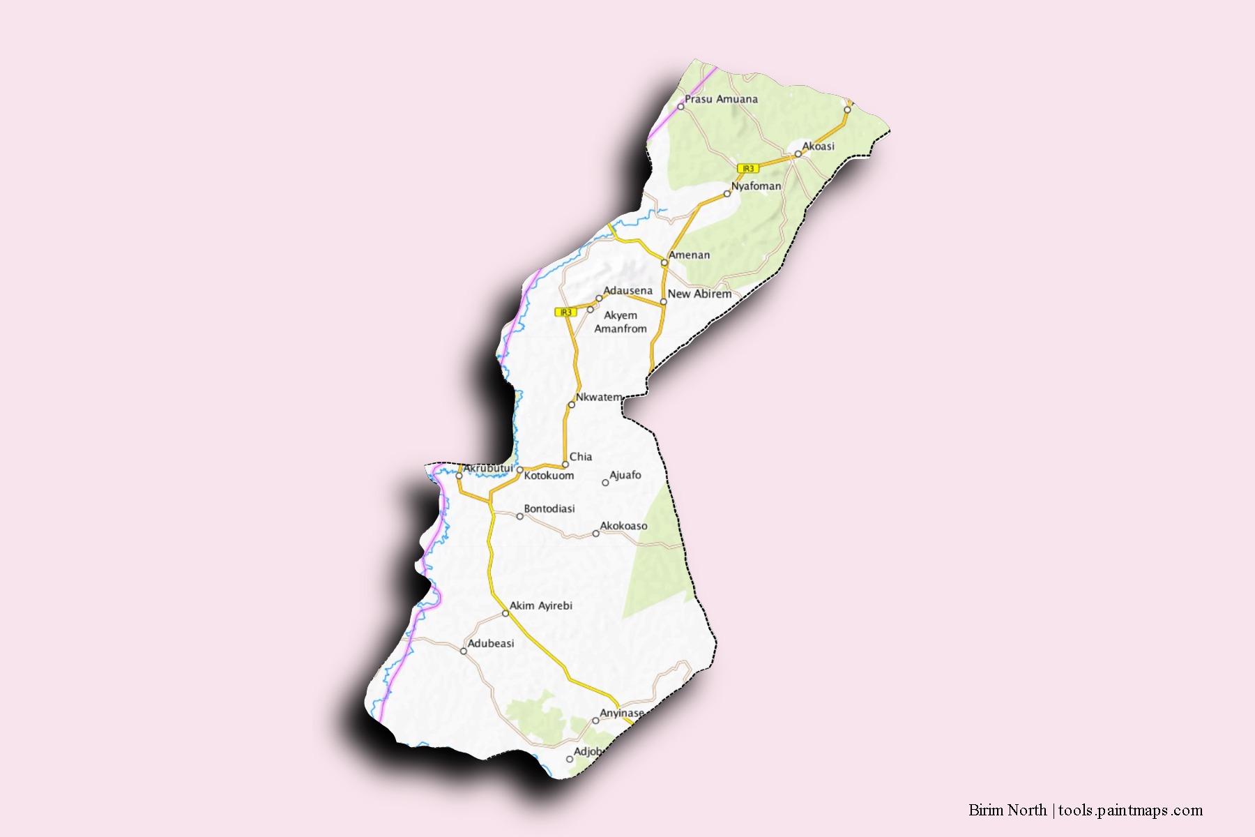 Mapa de barrios y pueblos de Birim North con efecto de sombra 3D