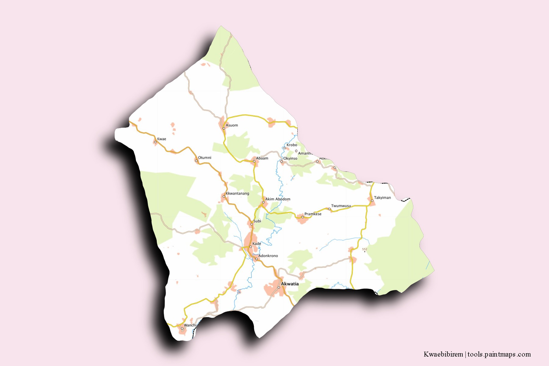 Kwabibirem neighborhoods and villages map with 3D shadow effect