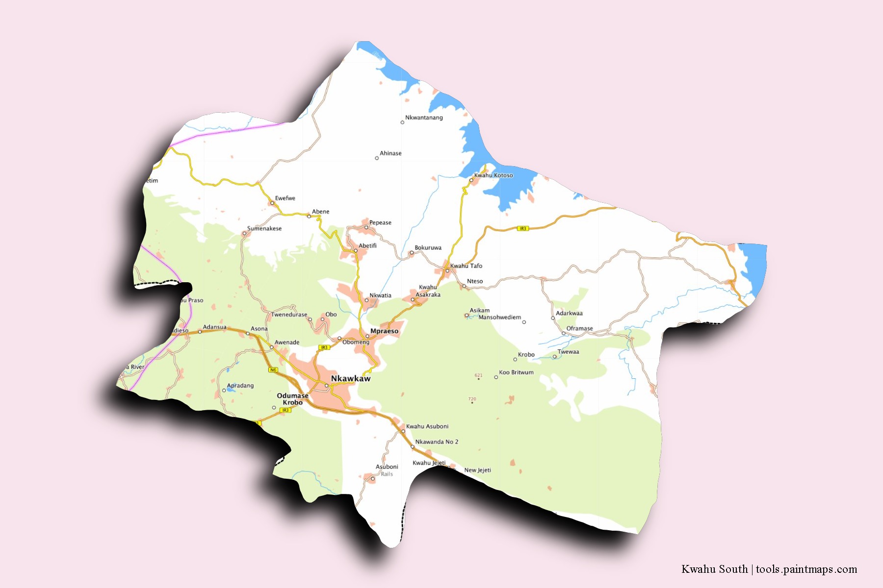 Kwahu South neighborhoods and villages map with 3D shadow effect