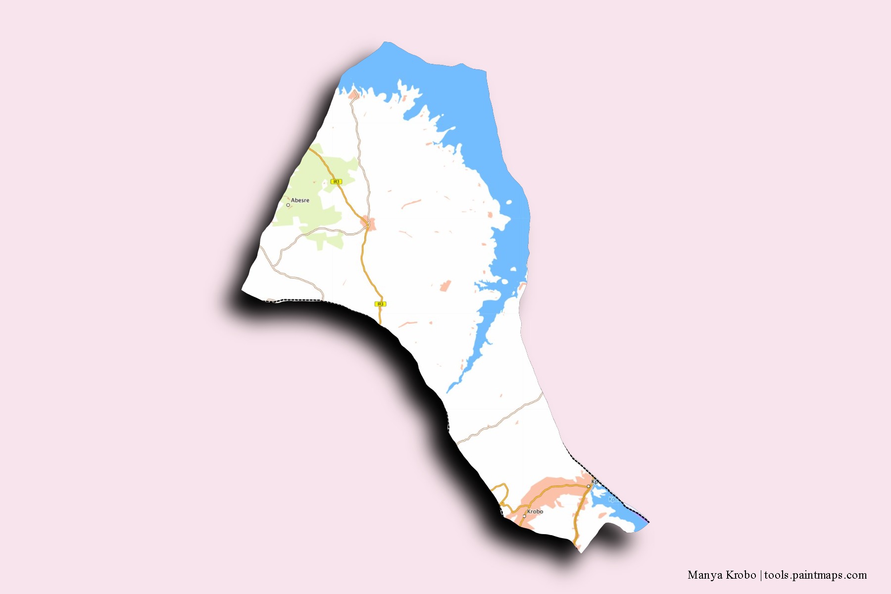 Manya Krobo neighborhoods and villages map with 3D shadow effect