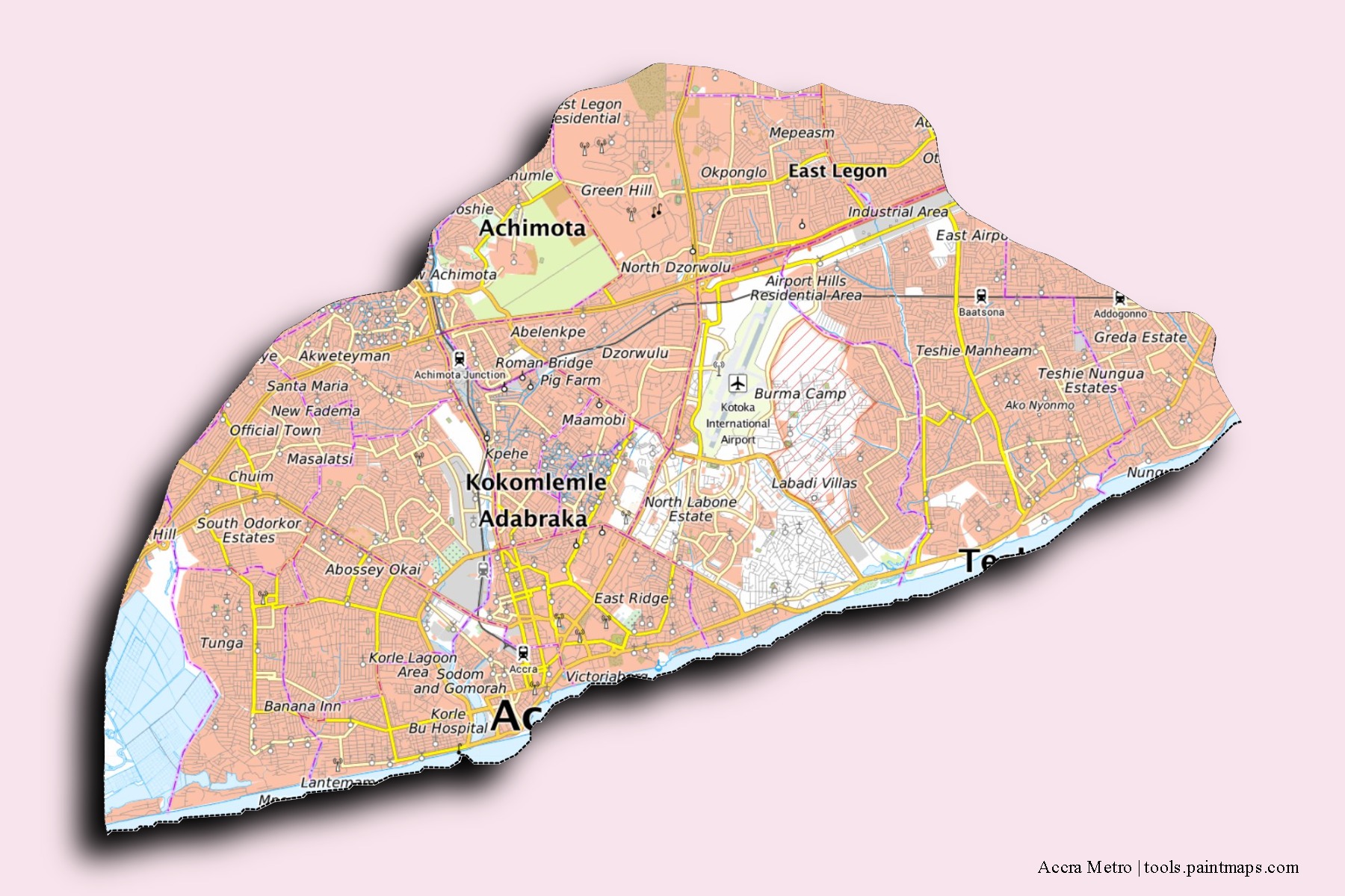 Accra neighborhoods and villages map with 3D shadow effect