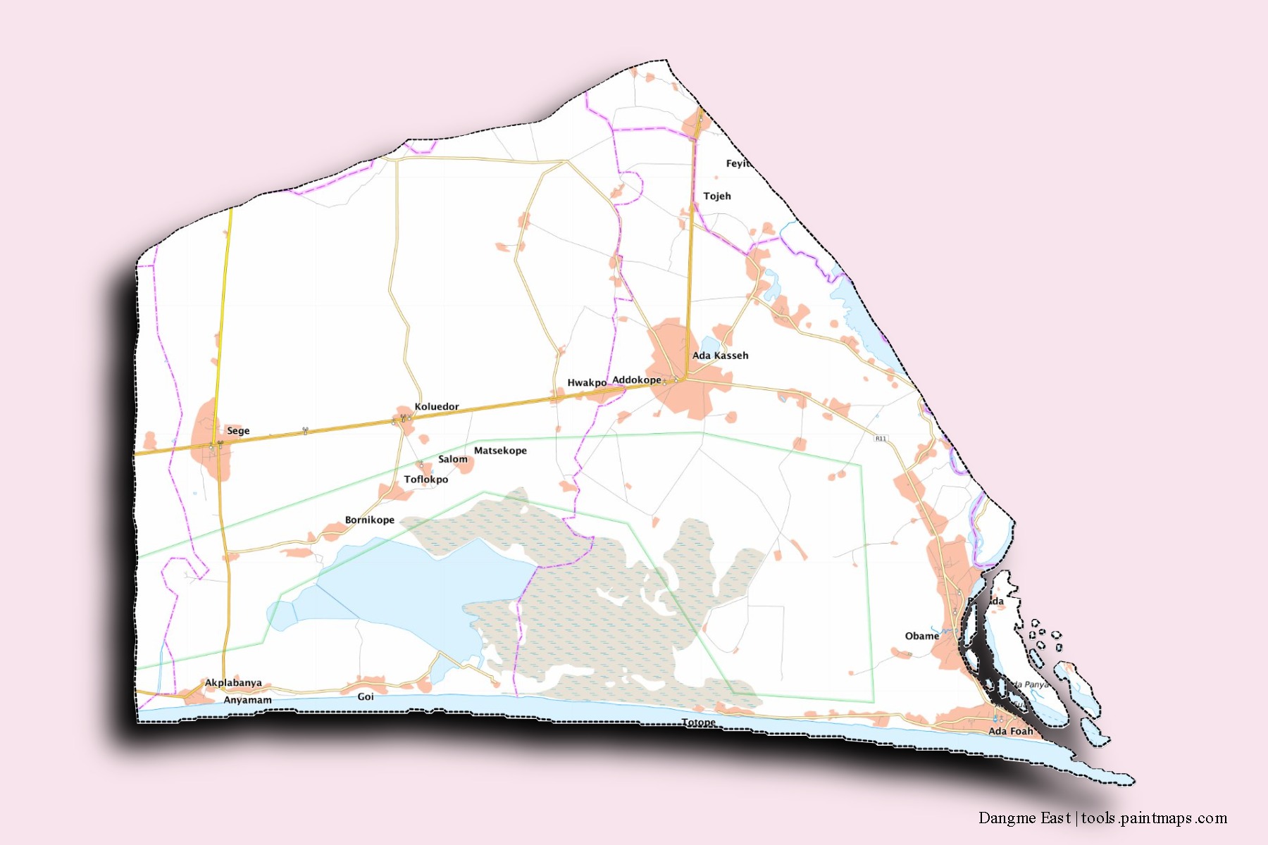 Dangbe East neighborhoods and villages map with 3D shadow effect