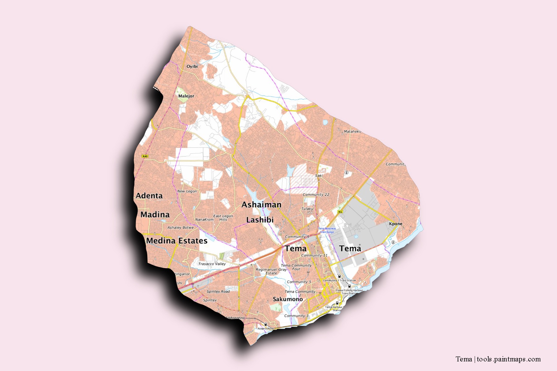 Mapa de barrios y pueblos de Tema con efecto de sombra 3D