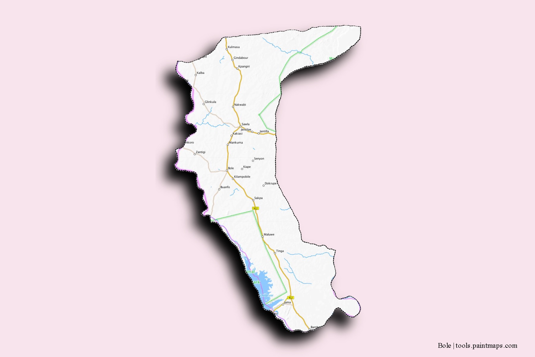 Mapa de barrios y pueblos de Bole con efecto de sombra 3D