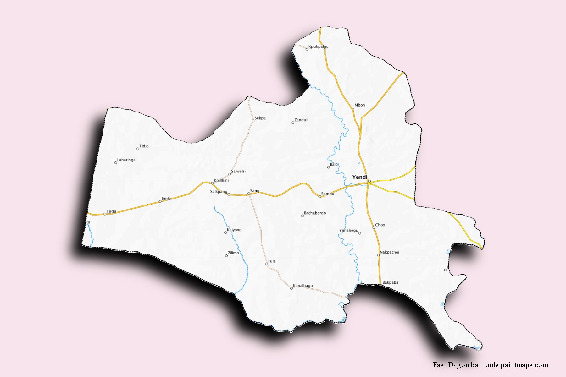 Mapa de barrios y pueblos de East Dagomba con efecto de sombra 3D