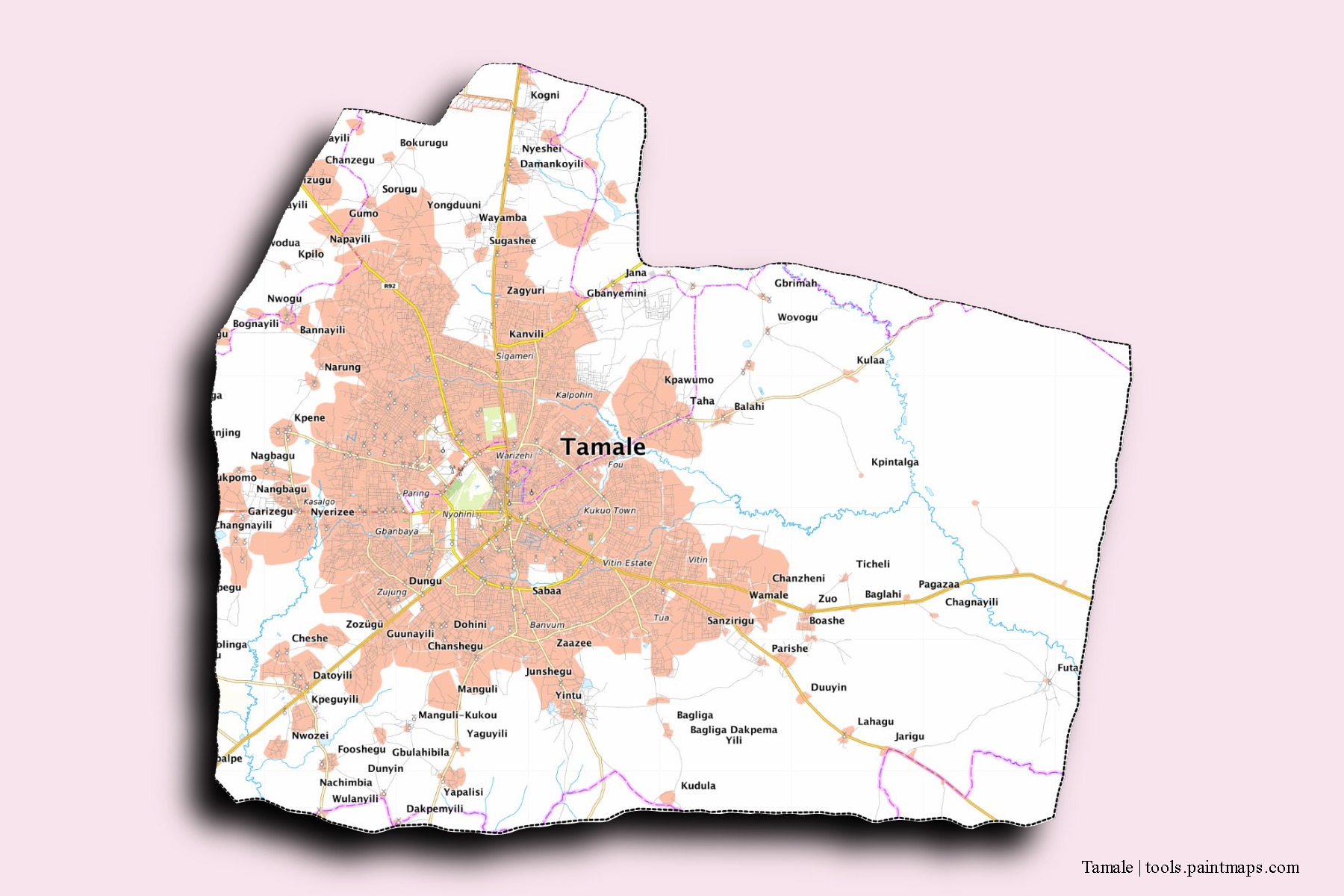 Tamale neighborhoods and villages map with 3D shadow effect