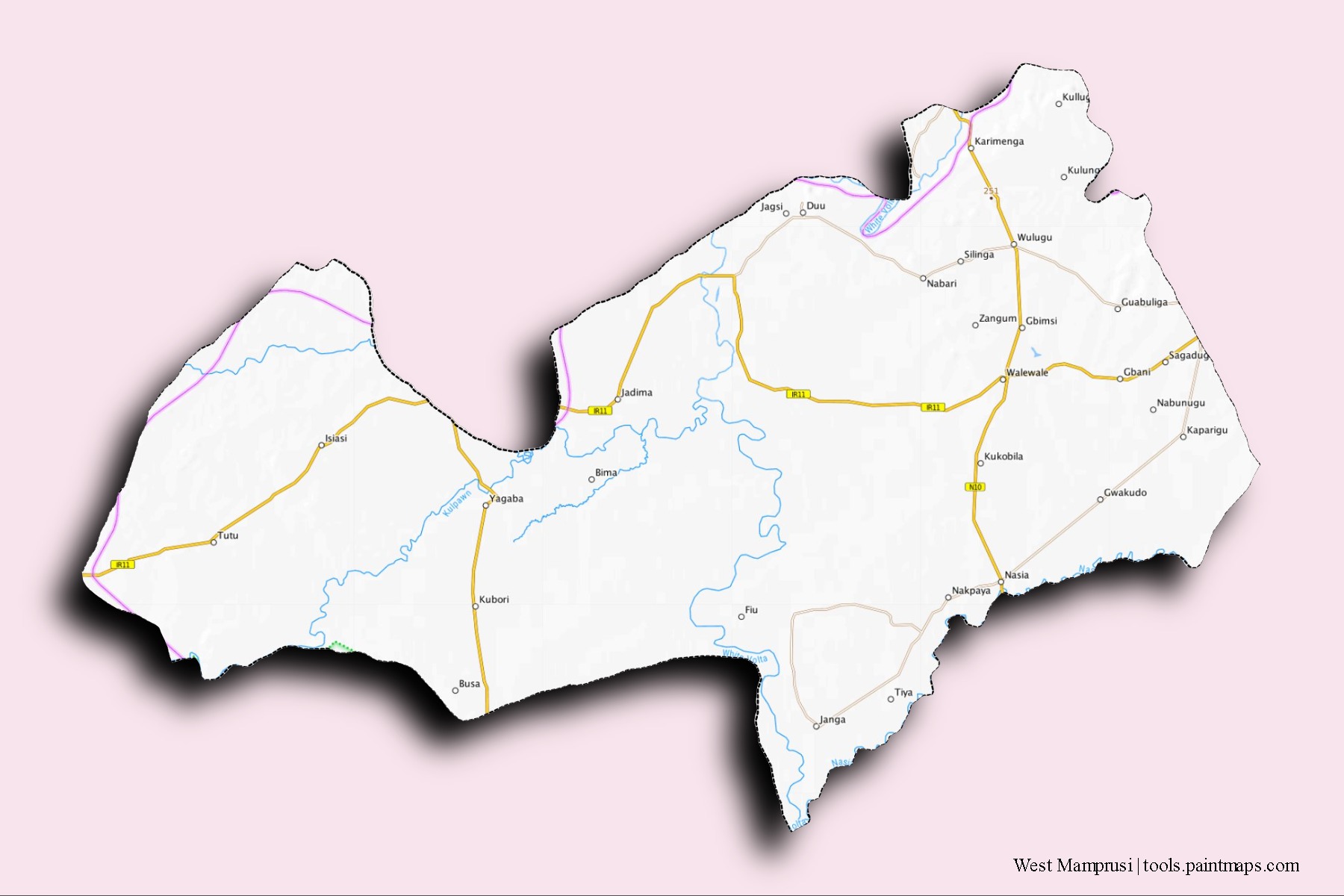 West Mamprusi neighborhoods and villages map with 3D shadow effect