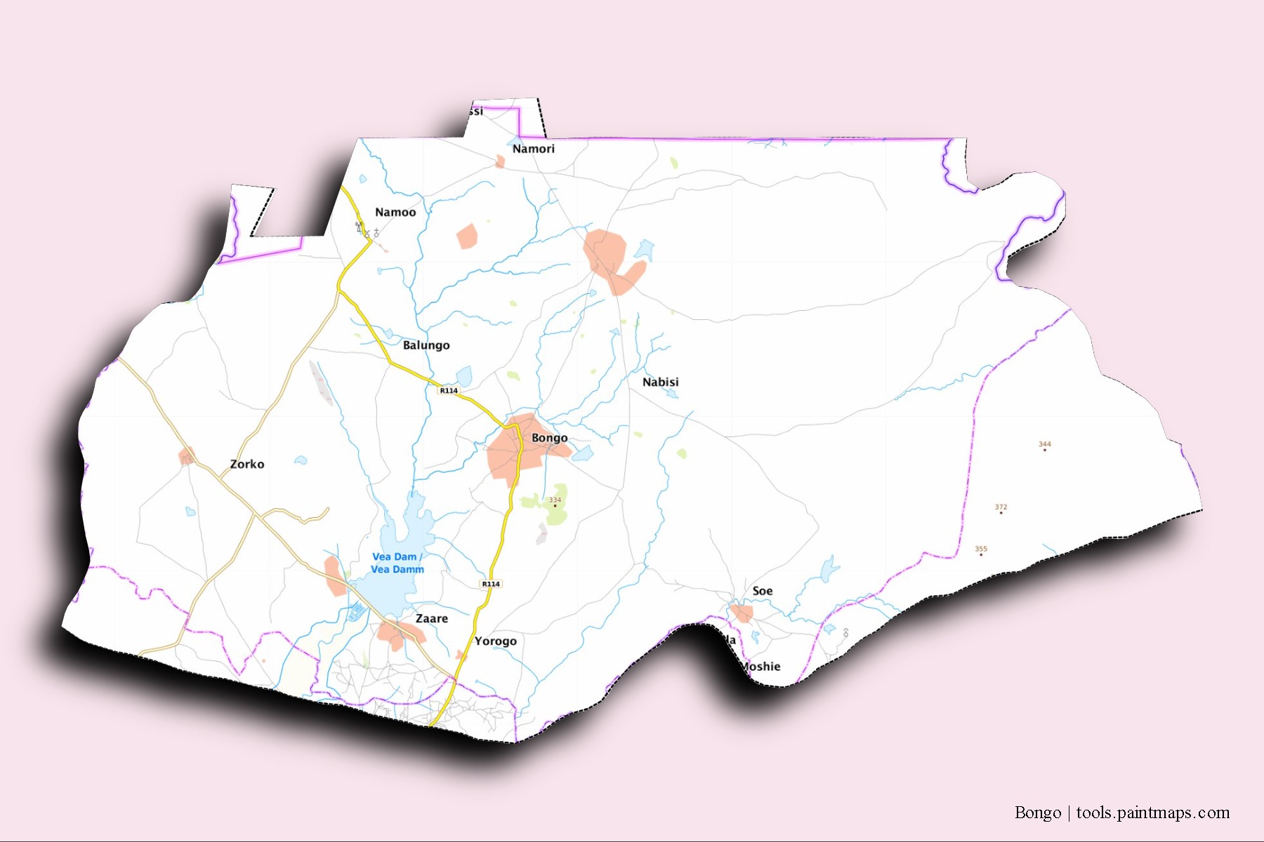 Mapa de barrios y pueblos de Bongo con efecto de sombra 3D