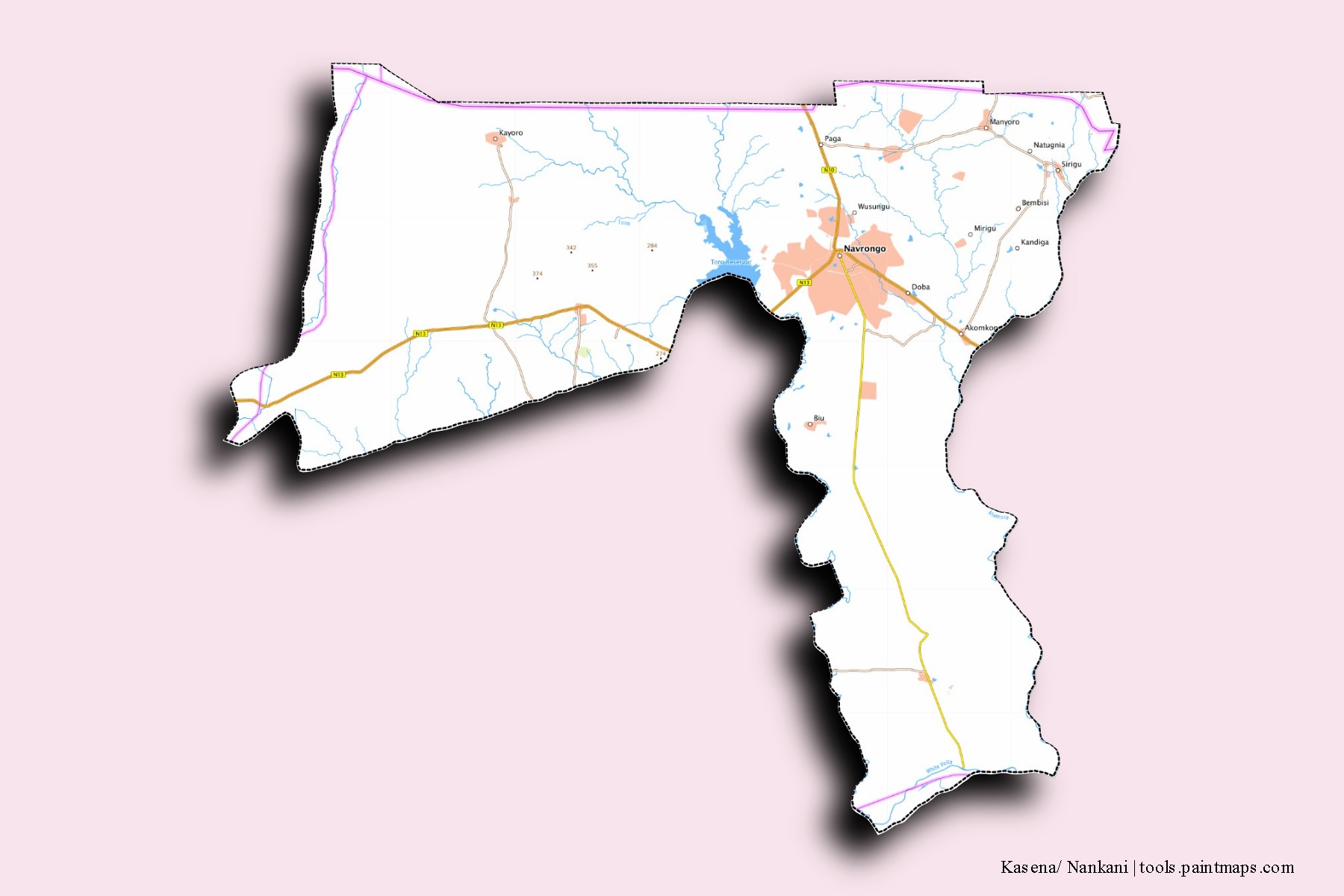 Kassena Nankana neighborhoods and villages map with 3D shadow effect