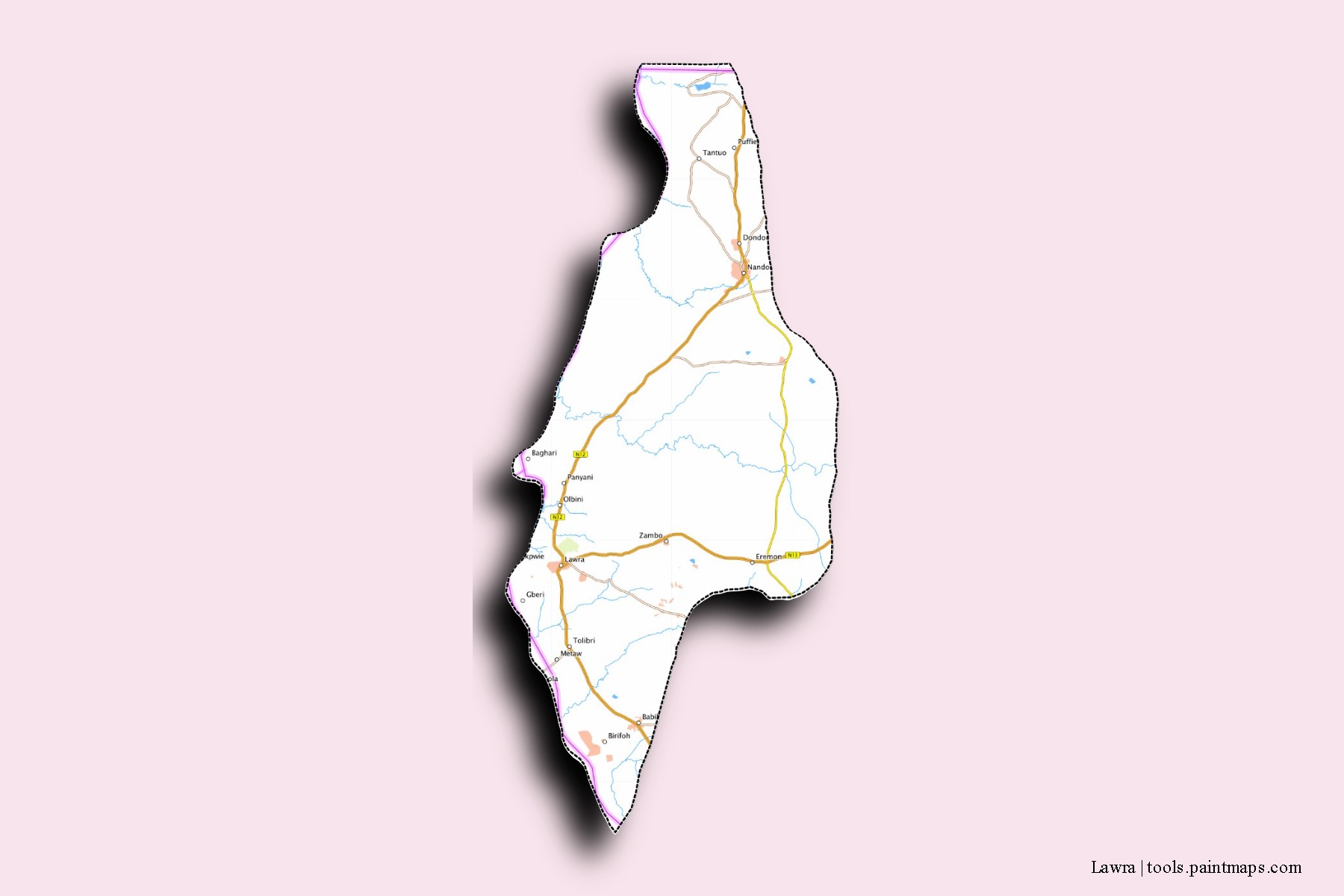 Lawra neighborhoods and villages map with 3D shadow effect