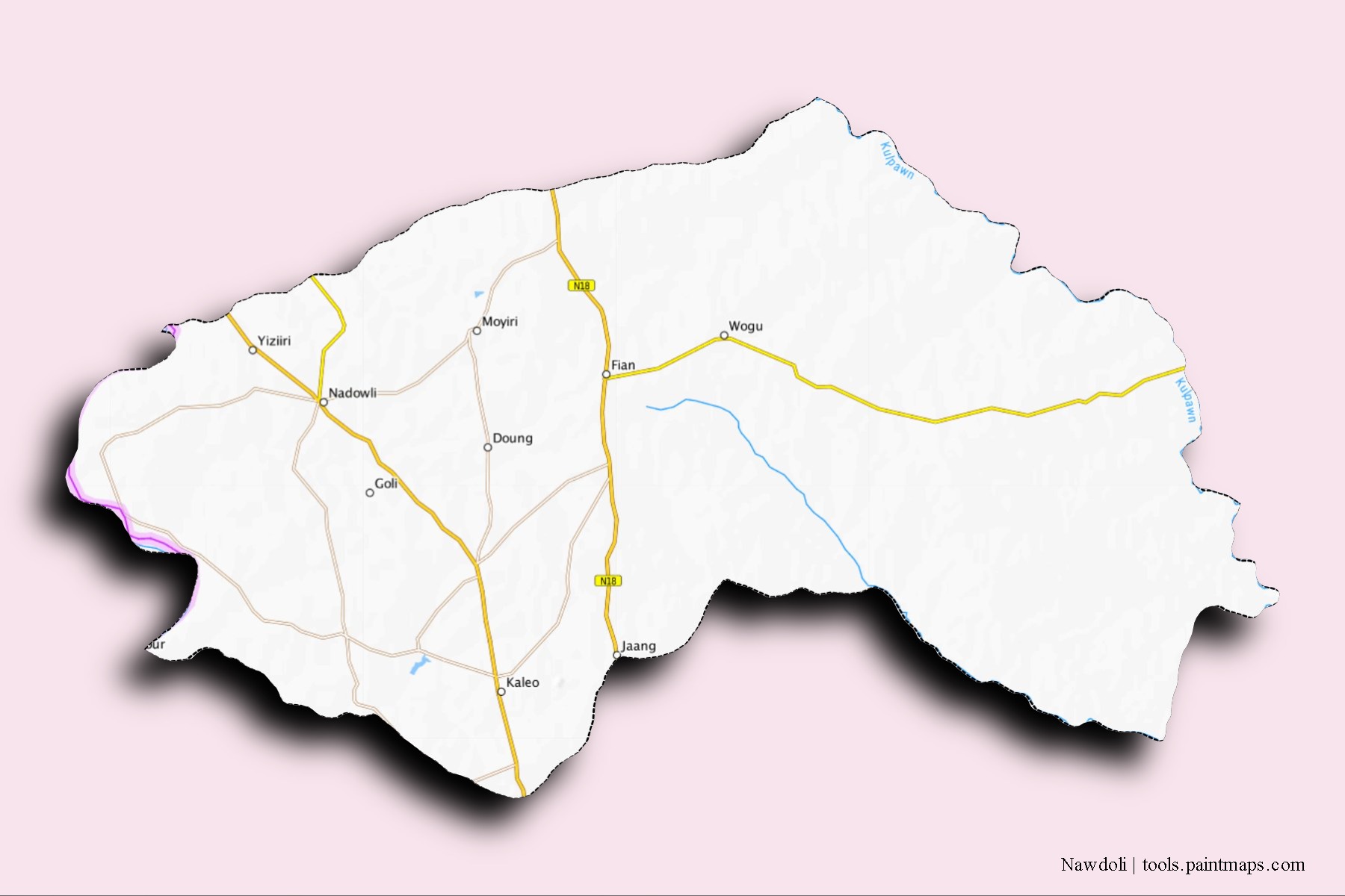 Nadowli neighborhoods and villages map with 3D shadow effect