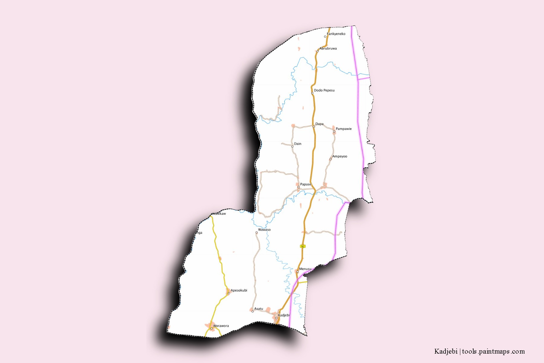 Mapa de barrios y pueblos de Kadjebi con efecto de sombra 3D