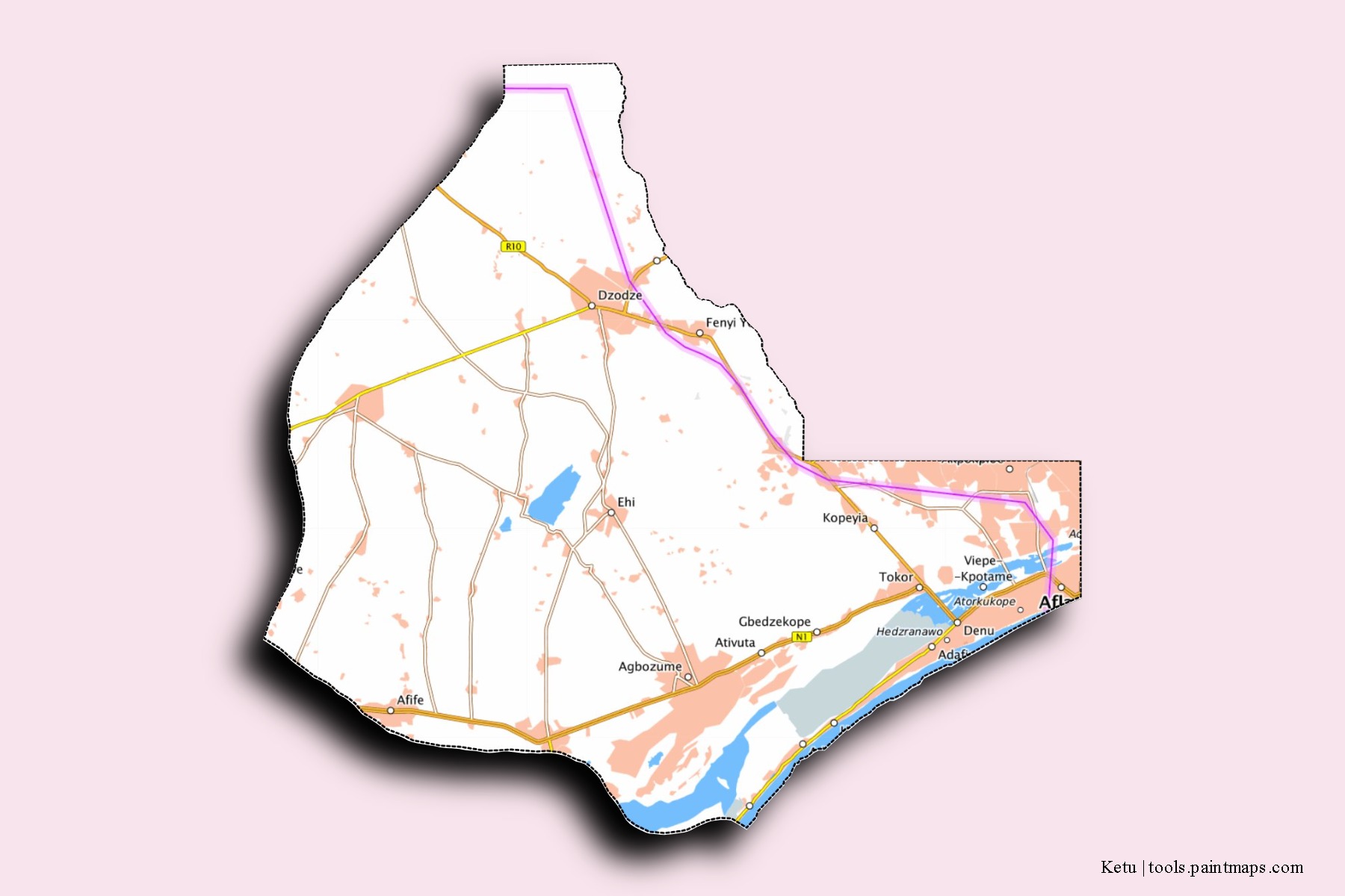 Mapa de barrios y pueblos de Ketu con efecto de sombra 3D