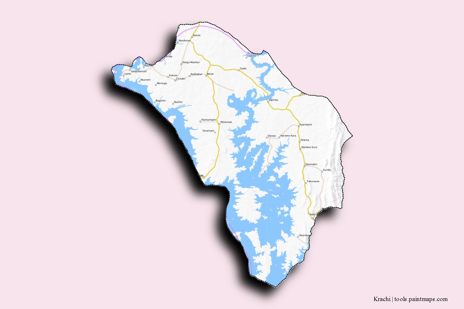 Mapa de barrios y pueblos de Krachi con efecto de sombra 3D