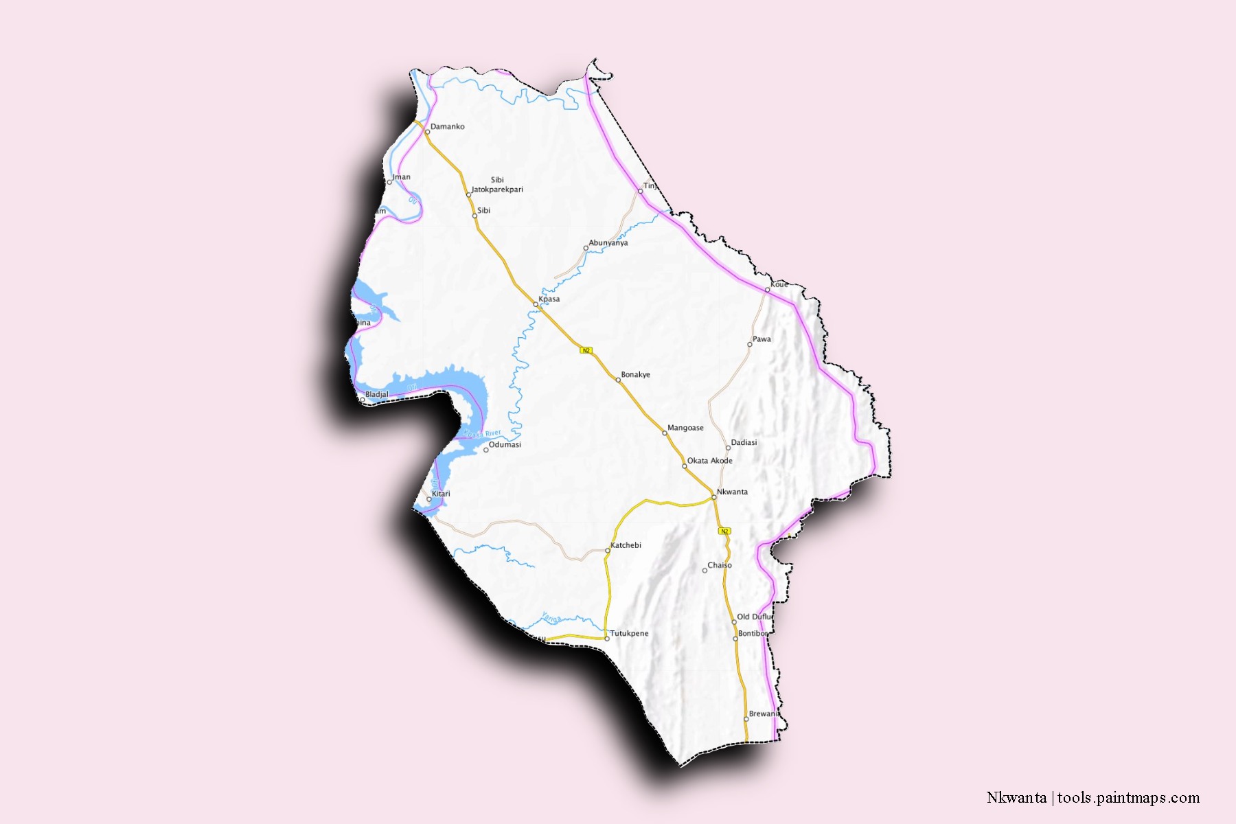 Mapa de barrios y pueblos de Nkwanta con efecto de sombra 3D