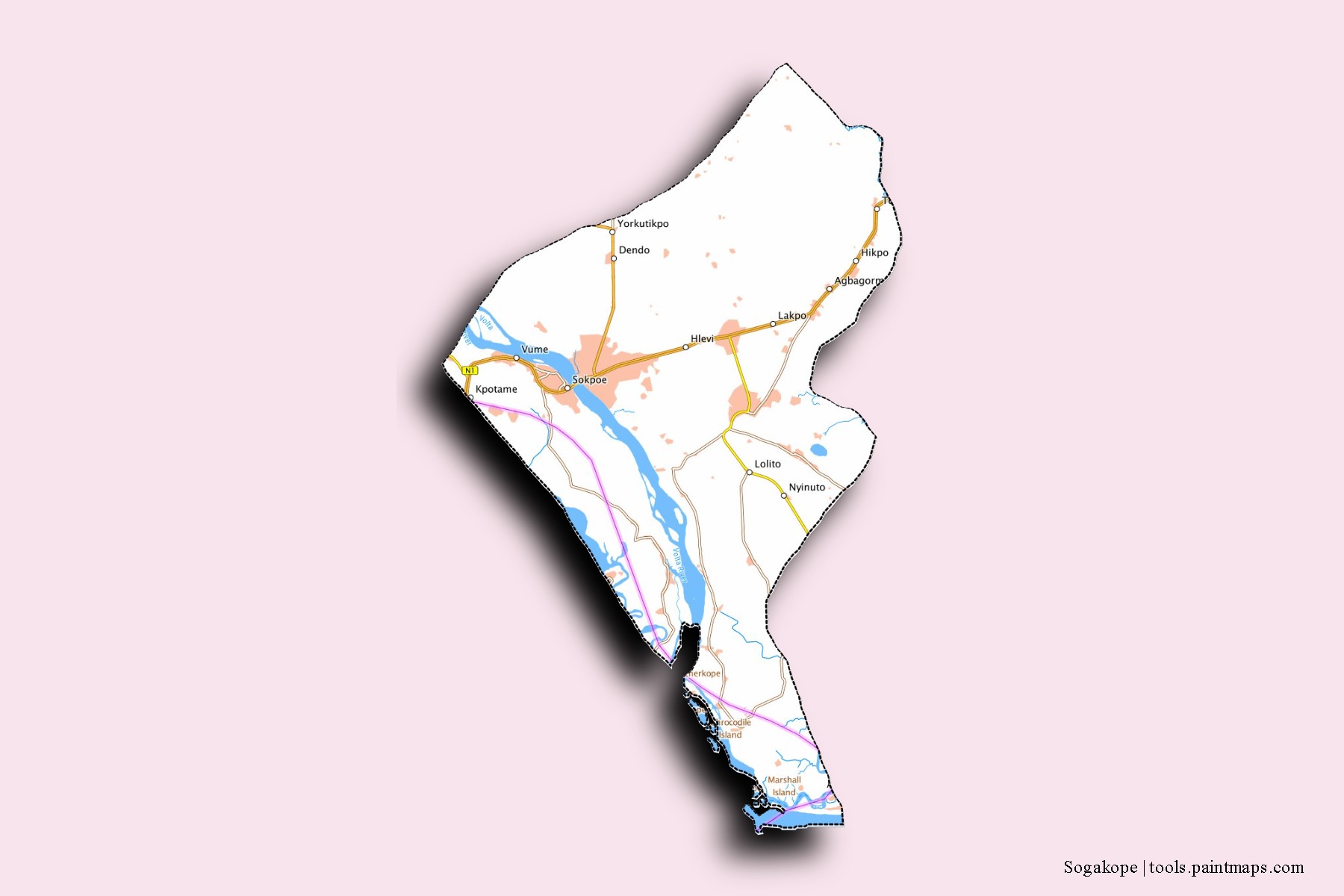 South Tongu neighborhoods and villages map with 3D shadow effect