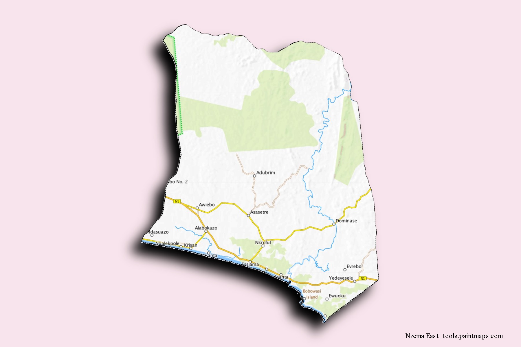 Mapa de barrios y pueblos de Nzema East con efecto de sombra 3D