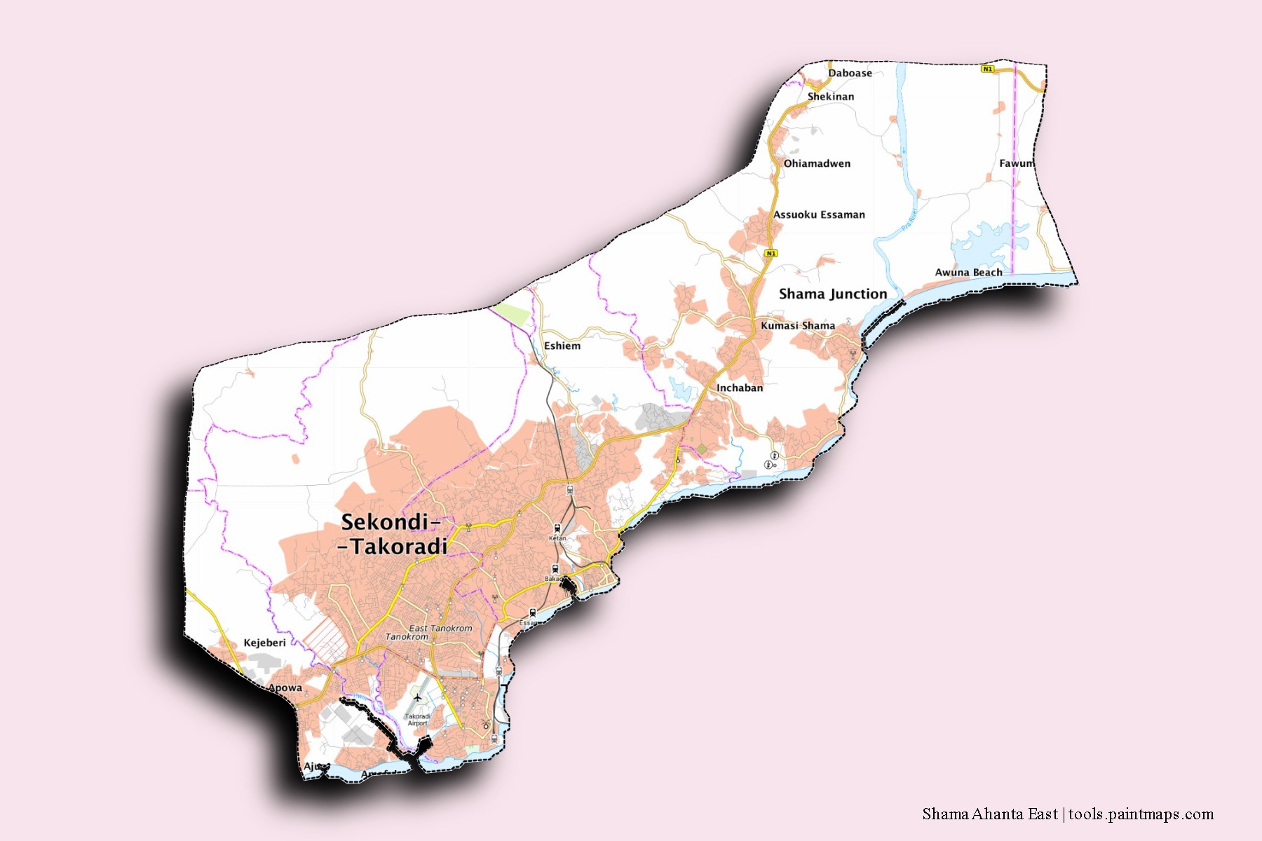 Mapa de barrios y pueblos de Shama Ahanta East con efecto de sombra 3D