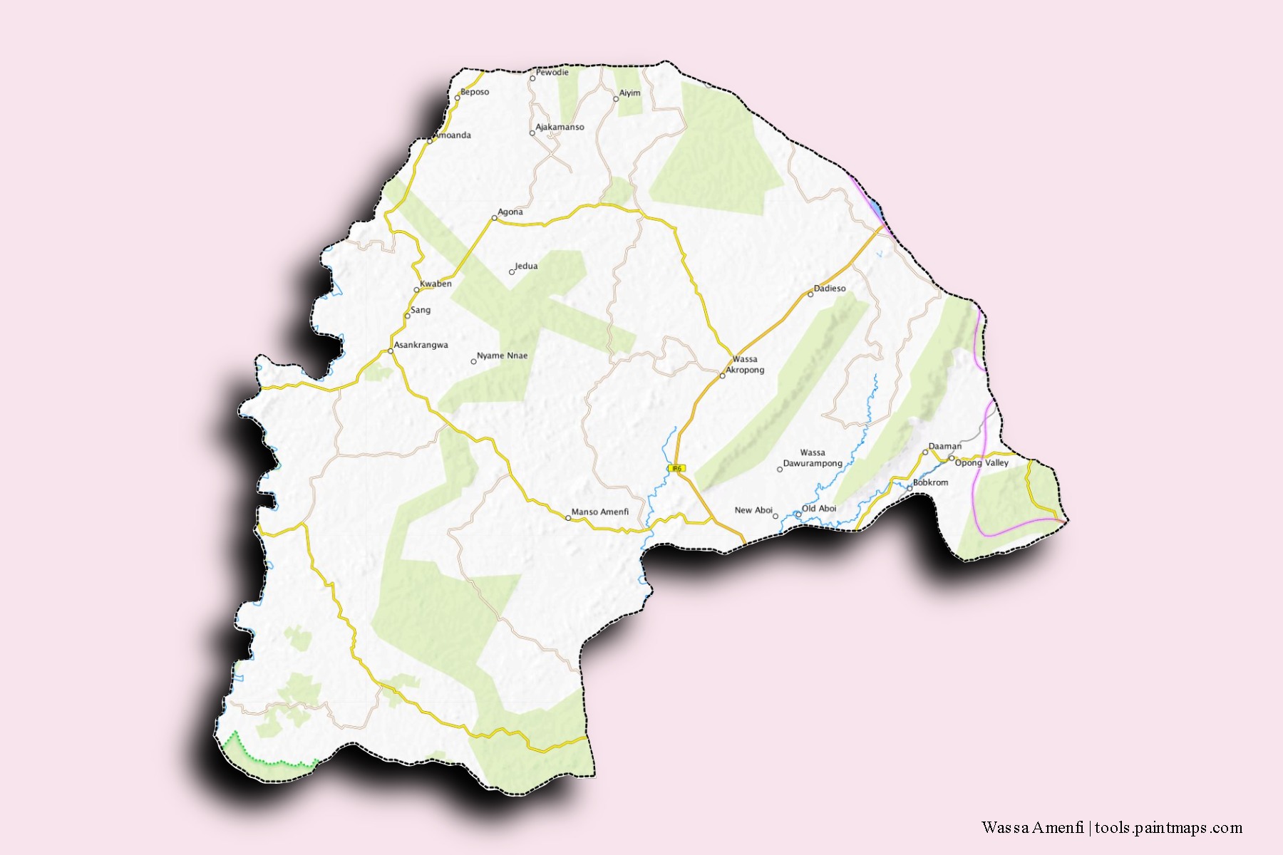 Mapa de barrios y pueblos de Wassa Amenfi con efecto de sombra 3D