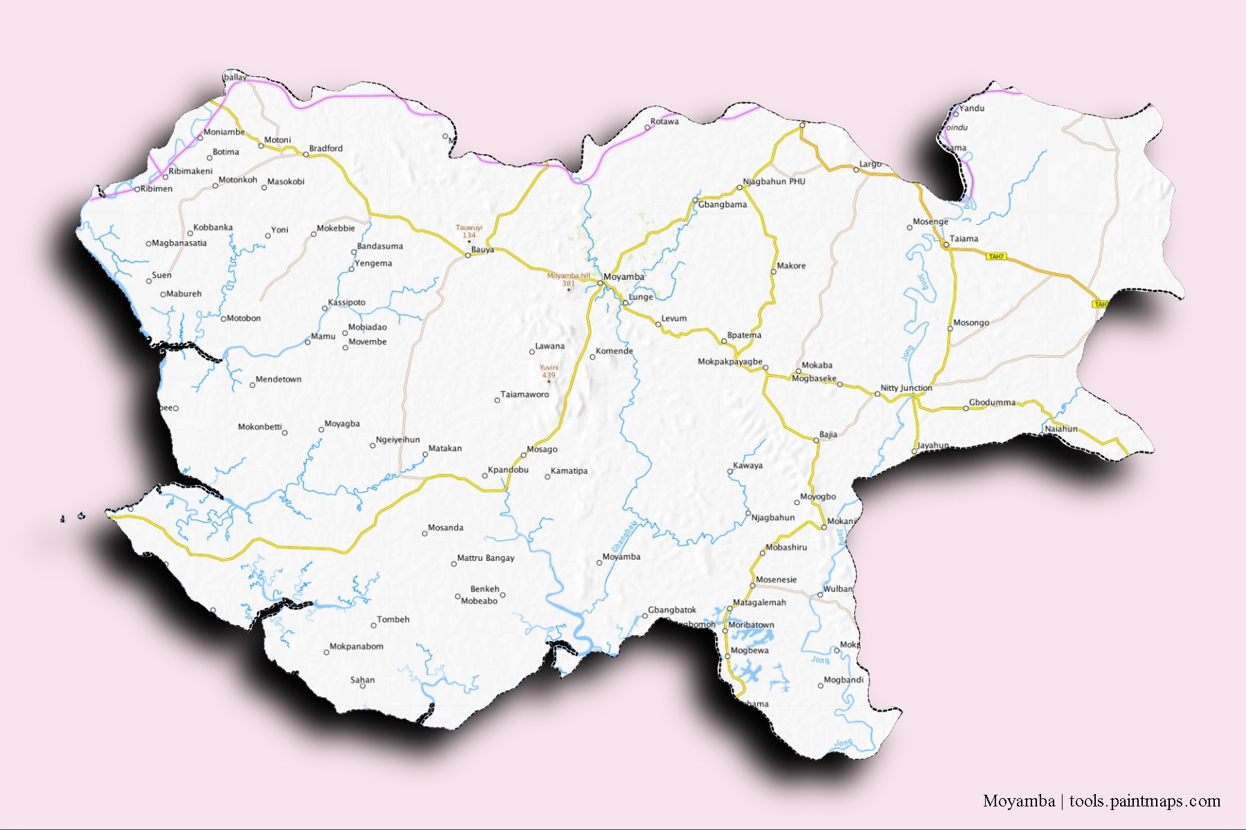 Moyamba neighborhoods and villages map with 3D shadow effect