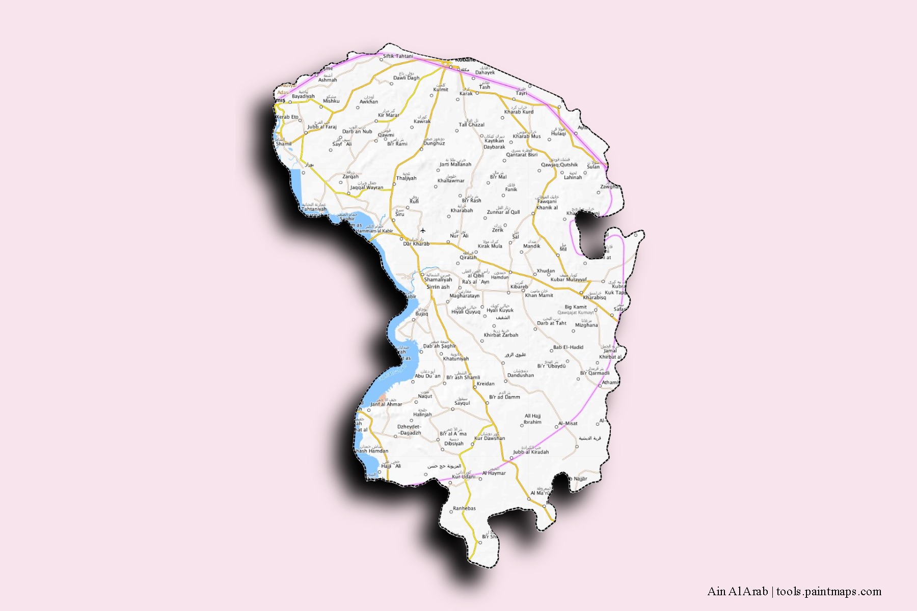 Mapa de barrios y pueblos de Ain Al Arab con efecto de sombra 3D