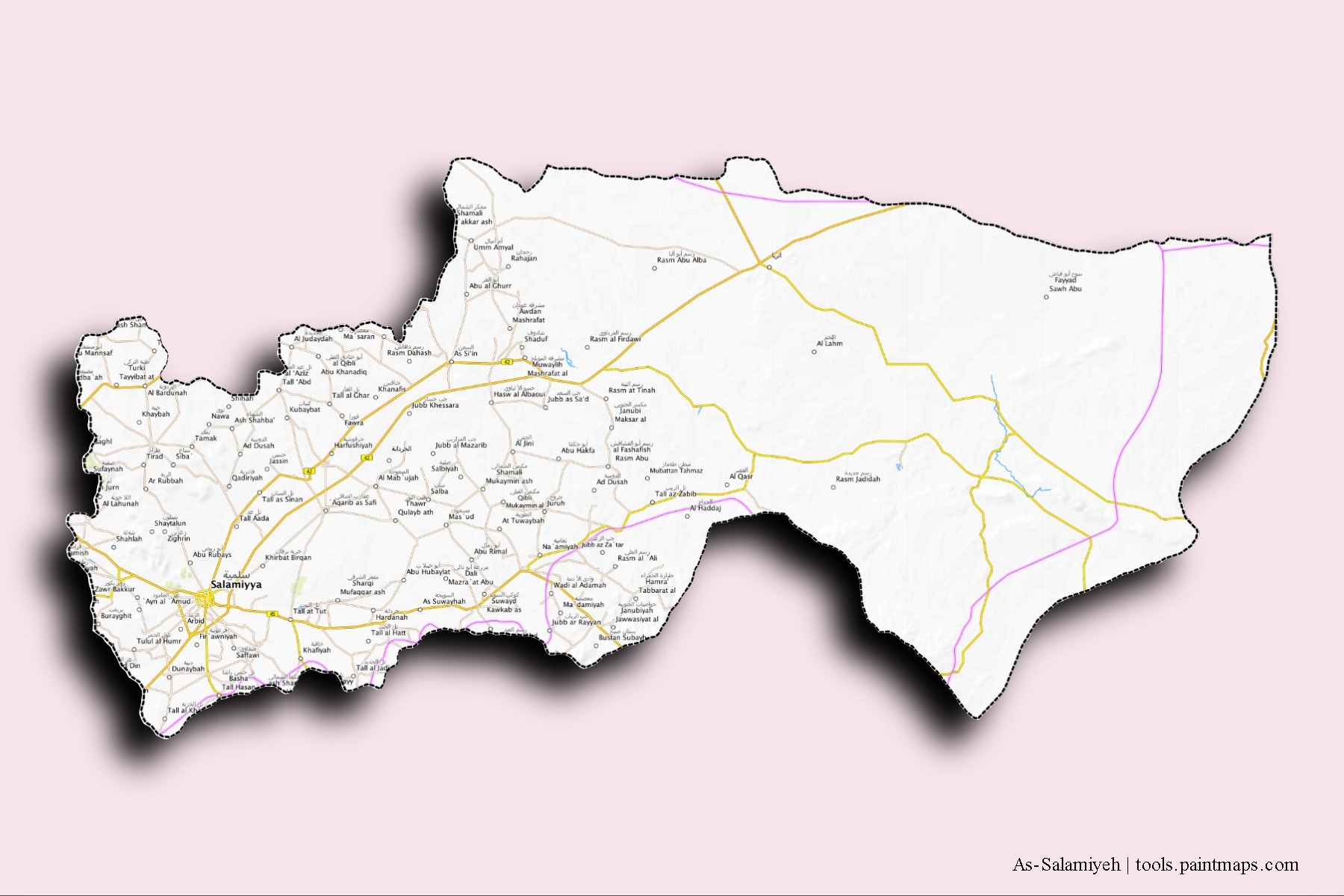 3D gölge efektli As-Salamiyeh mahalleleri ve köyleri haritası
