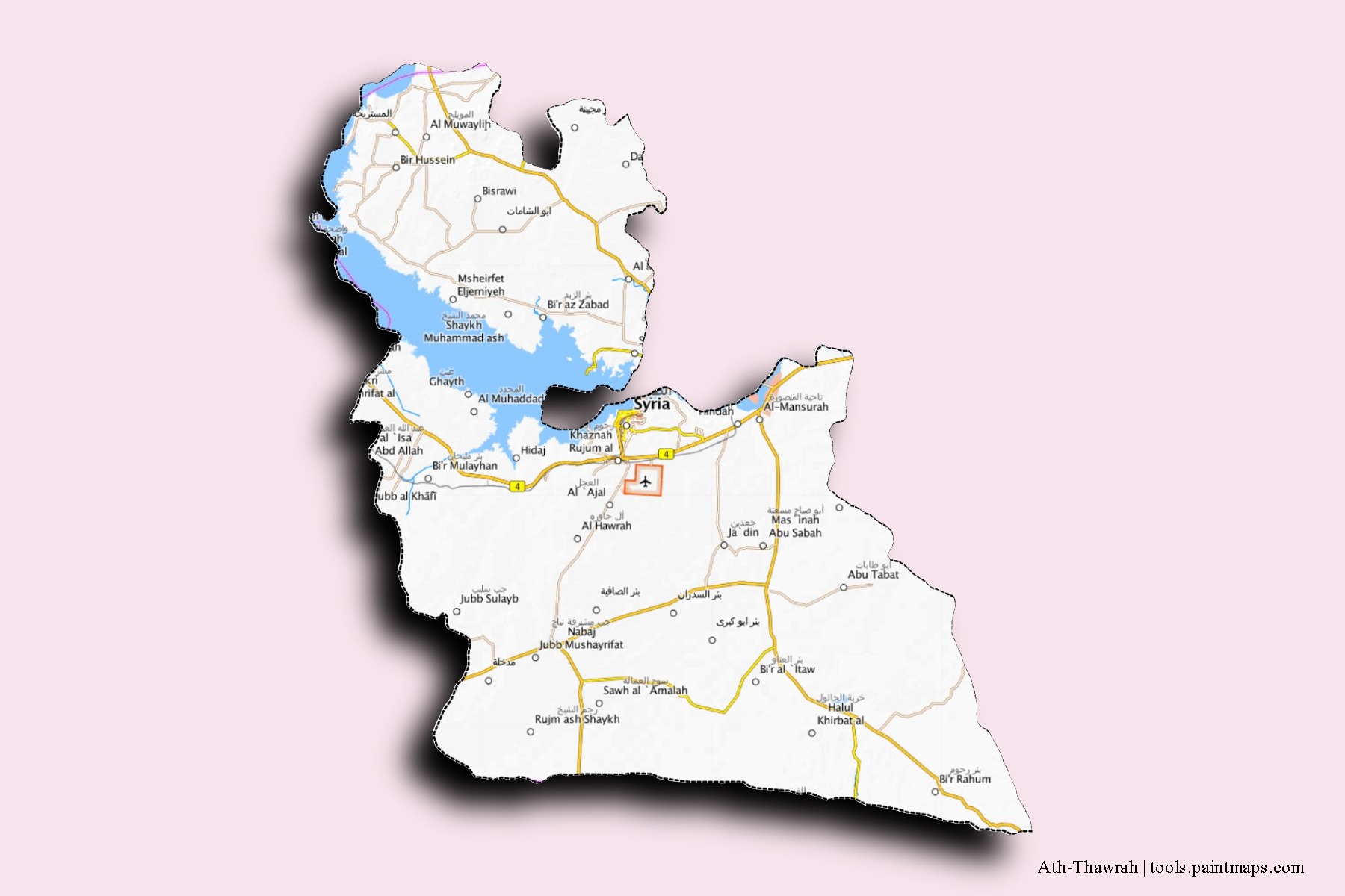 Mapa de barrios y pueblos de Ath-Thawrah con efecto de sombra 3D