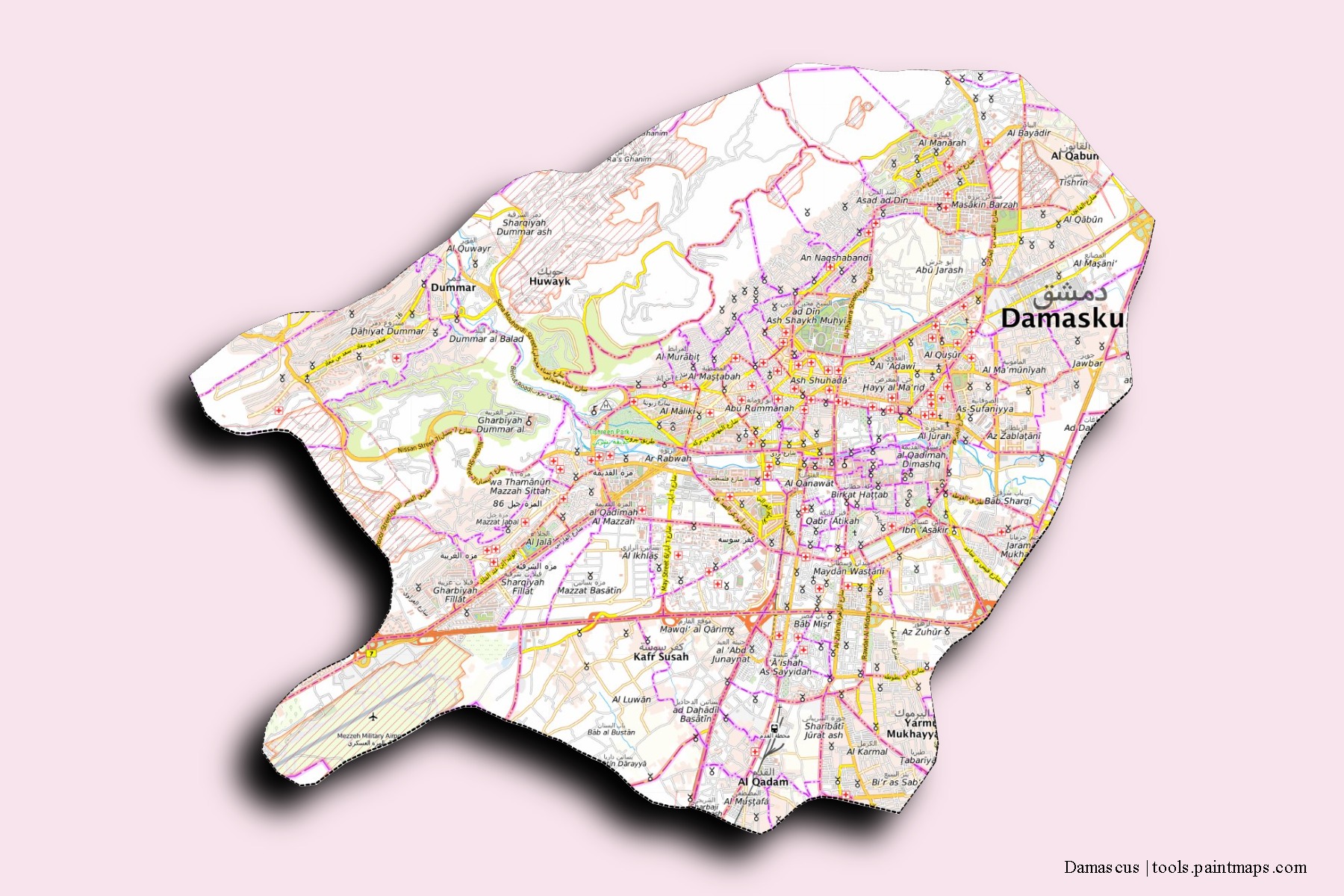 Damascus neighborhoods and villages map with 3D shadow effect