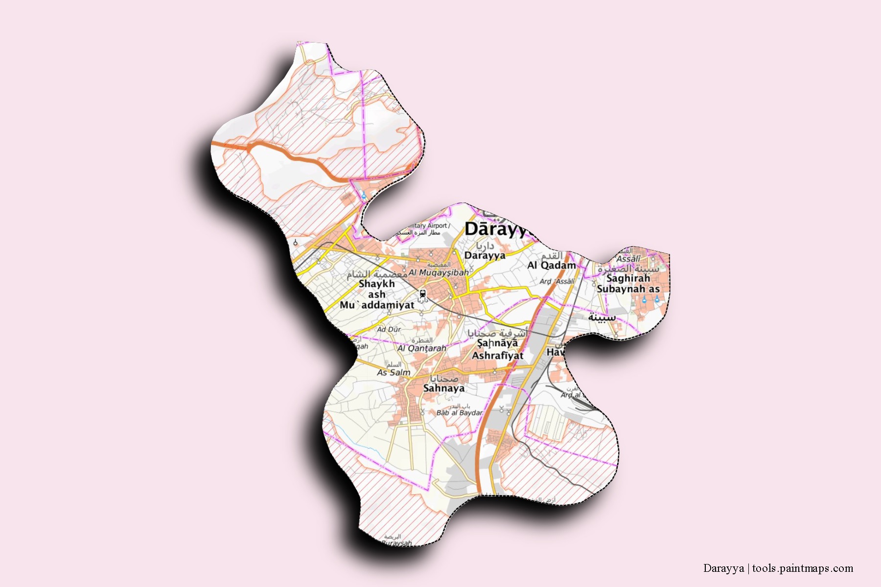 Darayya neighborhoods and villages map with 3D shadow effect