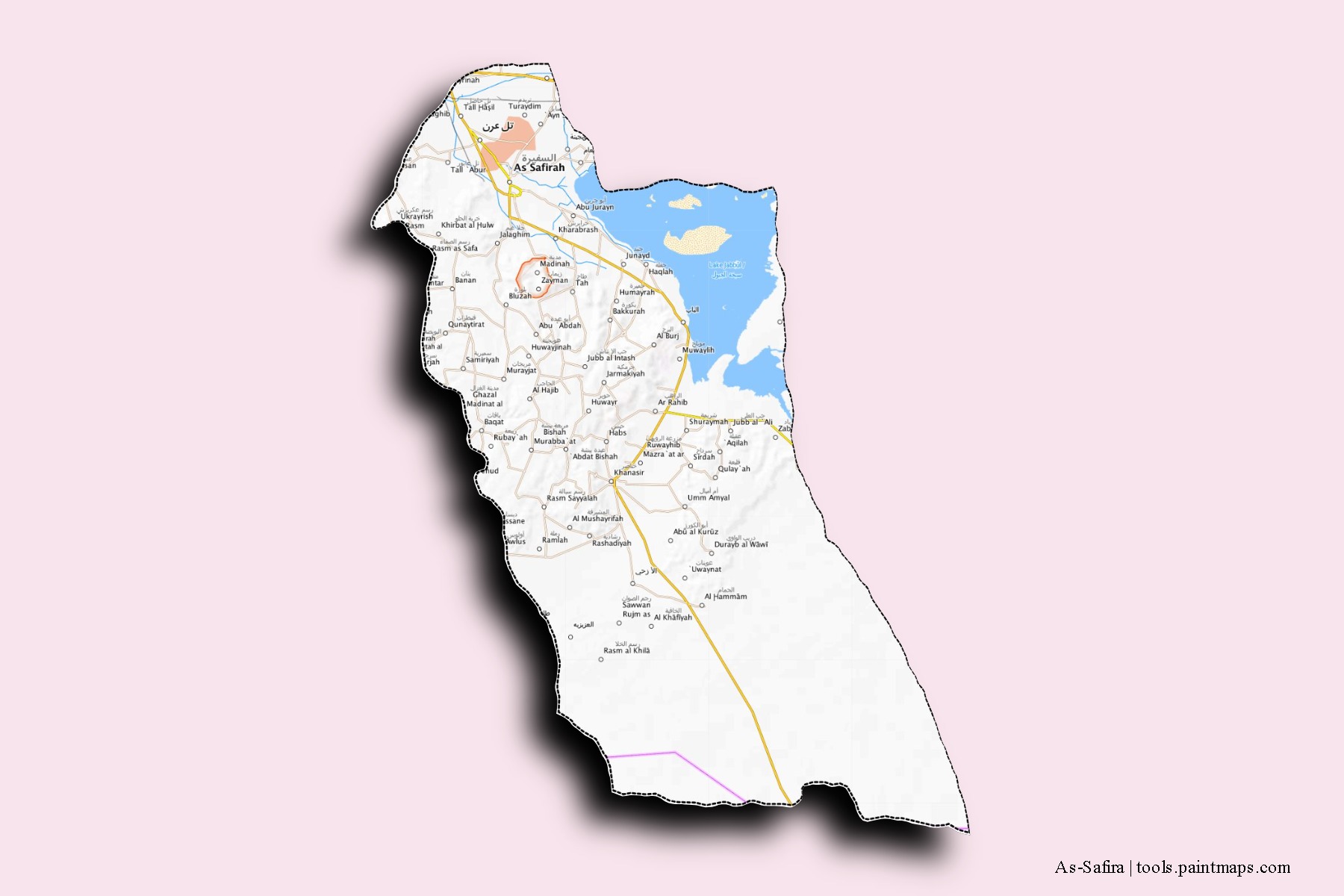 Mapa de barrios y pueblos de As-Safira con efecto de sombra 3D