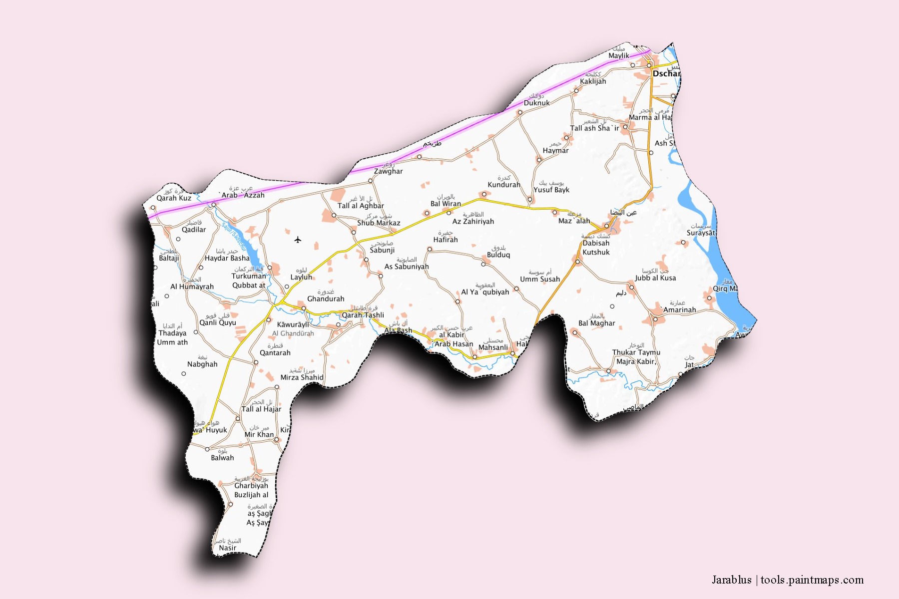 3D gölge efektli Jarablus mahalleleri ve köyleri haritası