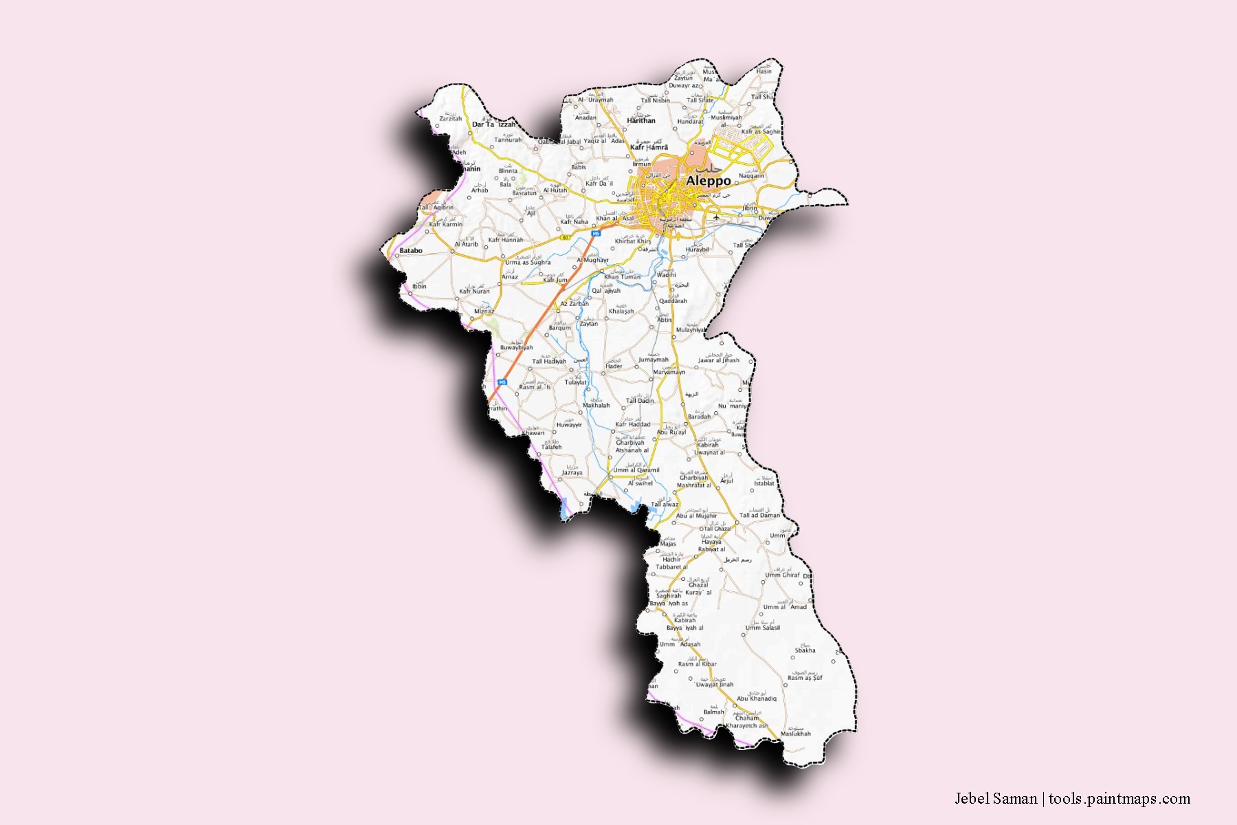 3D gölge efektli Jebel Saman mahalleleri ve köyleri haritası