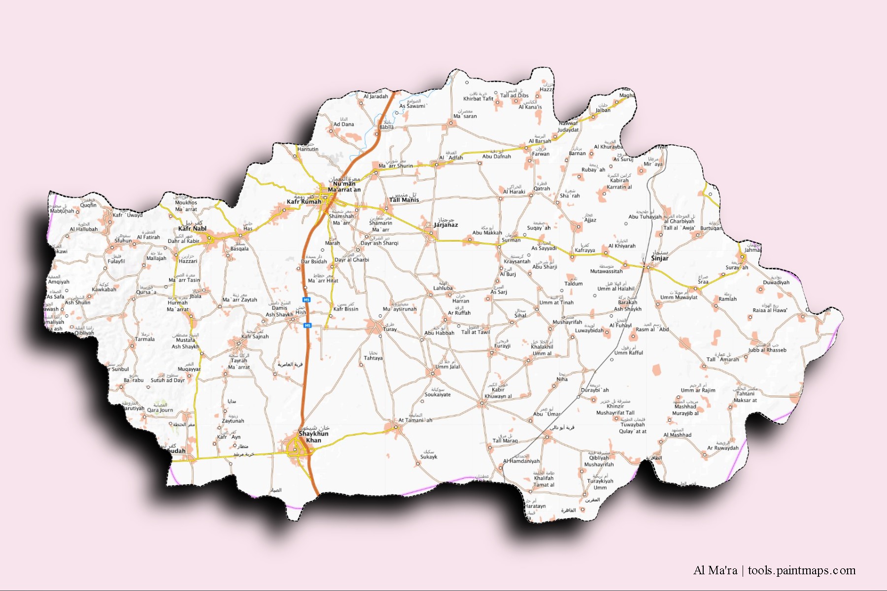 Ma'arrat an-Nu'man neighborhoods and villages map with 3D shadow effect