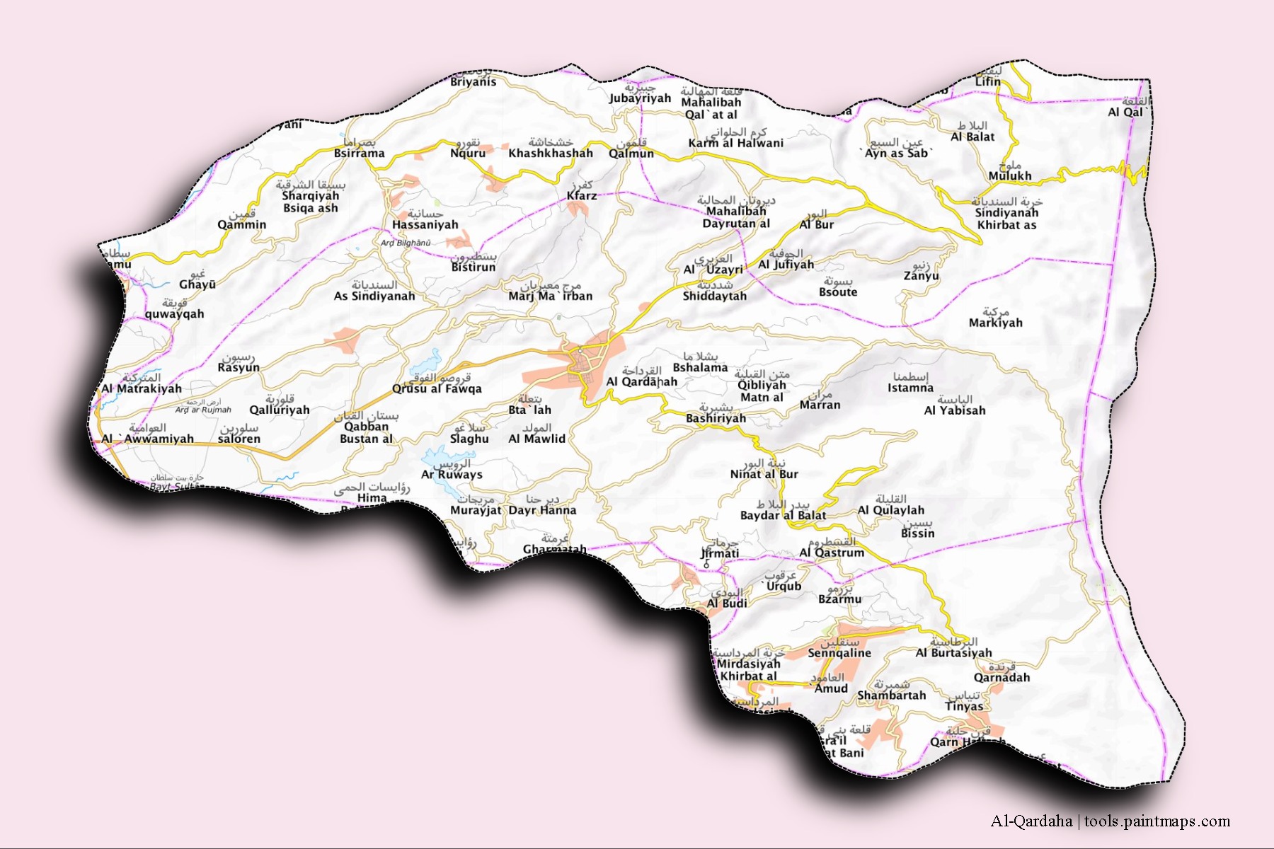 3D gölge efektli Al-Qardaha mahalleleri ve köyleri haritası