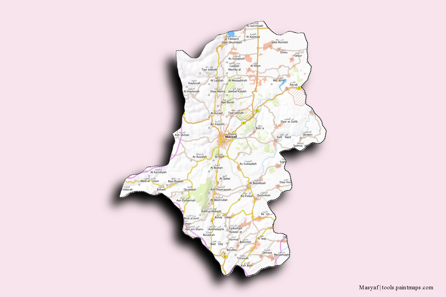 Masyaf neighborhoods and villages map with 3D shadow effect