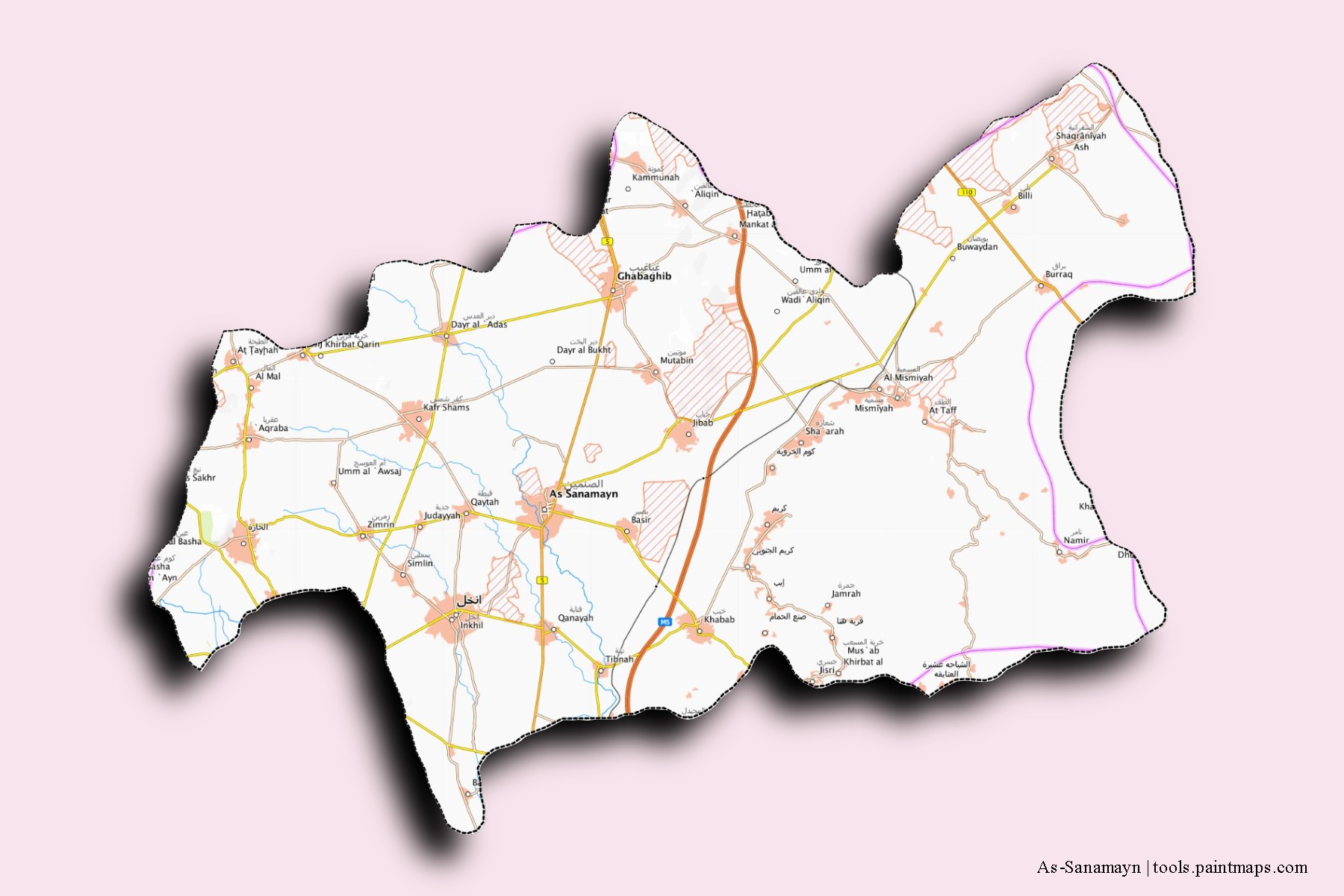 As-Sanamayn neighborhoods and villages map with 3D shadow effect