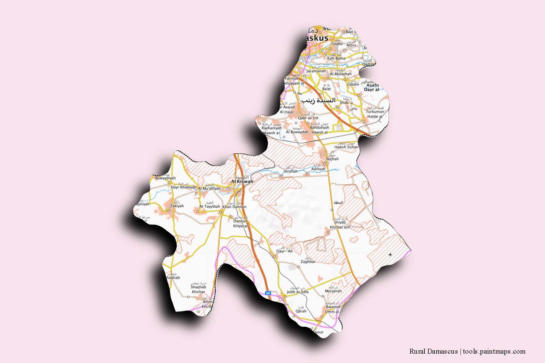 Mapa de barrios y pueblos de Rural Damascus con efecto de sombra 3D